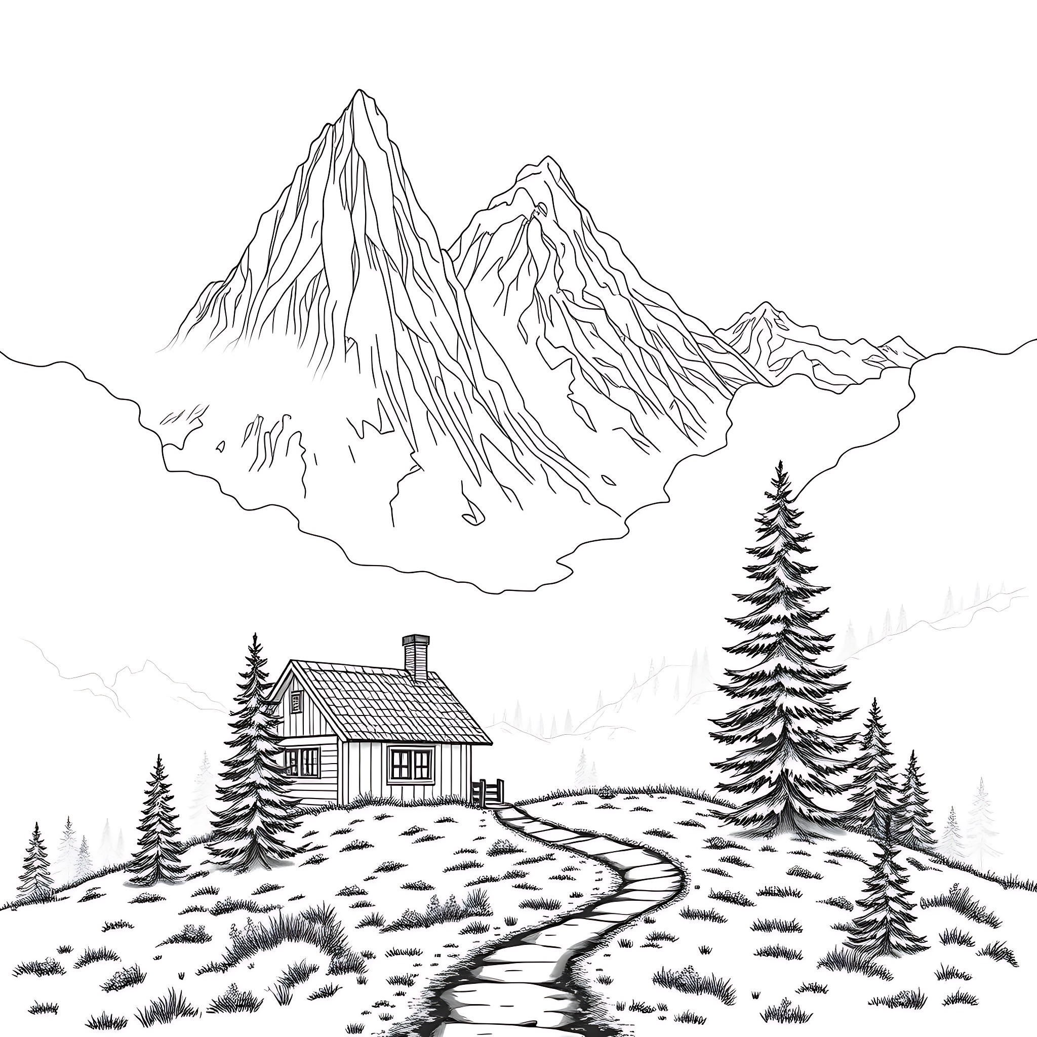 Cottage in the Tranquil Mountain Landscape Coloring Page (free black-and-white line drawing printable PDF for all, from beginners to advanced learners, including children, teens, adults, and seniors)