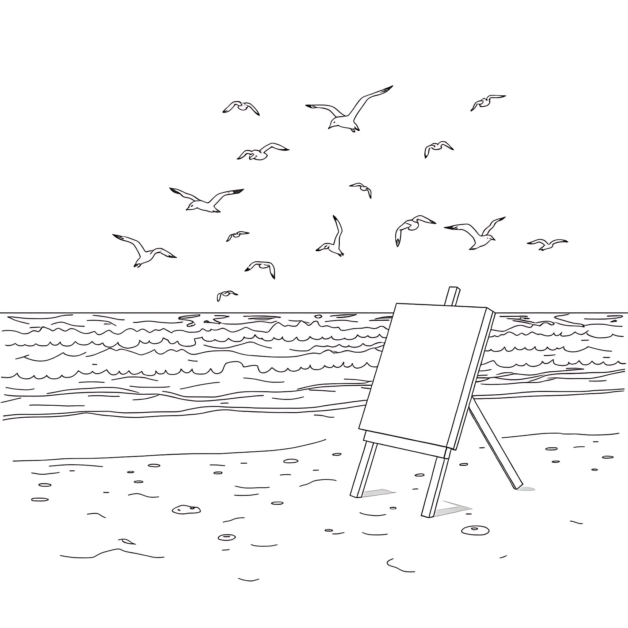 Cottage by the Sea with Seagulls Coloring Page (free black-and-white line drawing printable PDF for all, from beginners to advanced learners, including children, teens, adults, and seniors)