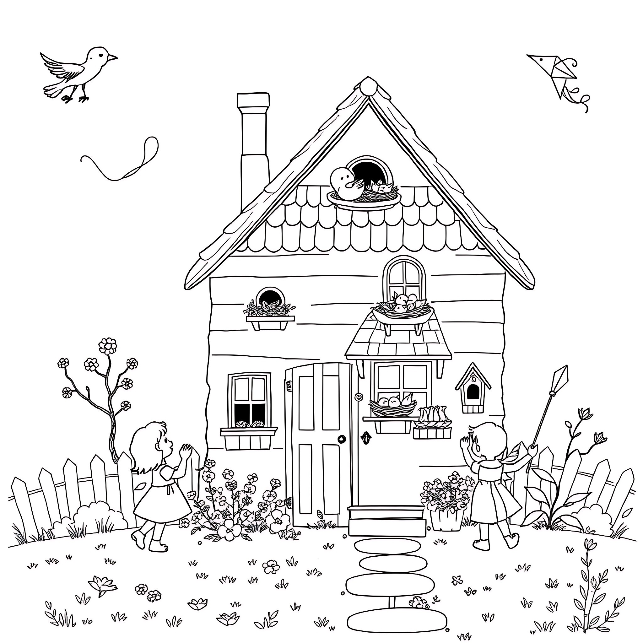 Cottage with Children Playing in the Garden Coloring Page (free black-and-white line drawing printable PDF for all, from beginners to advanced learners, including children, teens, adults, and seniors)