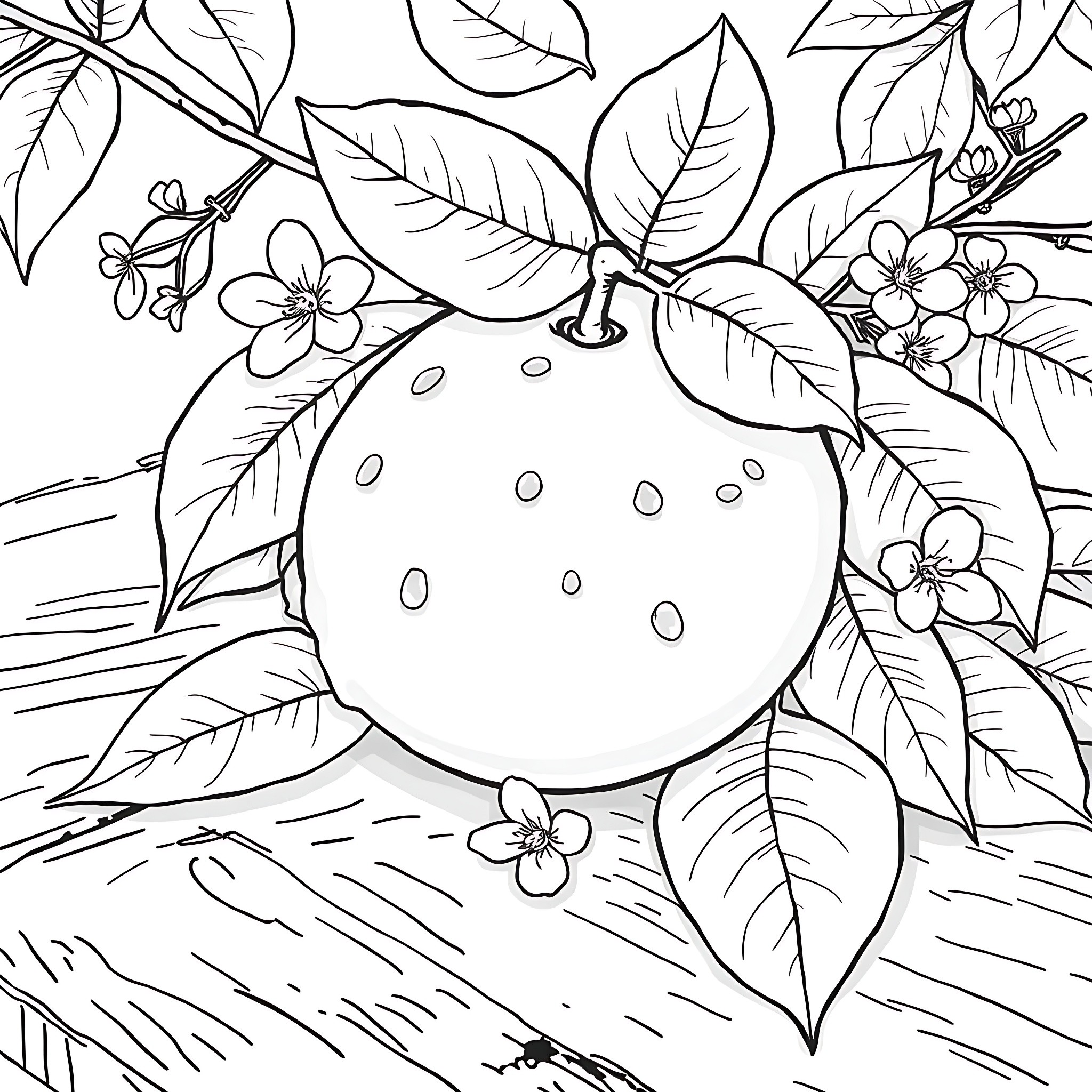 Lemon Surrounded by Floral Leaves and Blooms Coloring Page (free black-and-white line drawing printable PDF for all, from beginners to advanced learners, including children, teens, adults, and seniors)