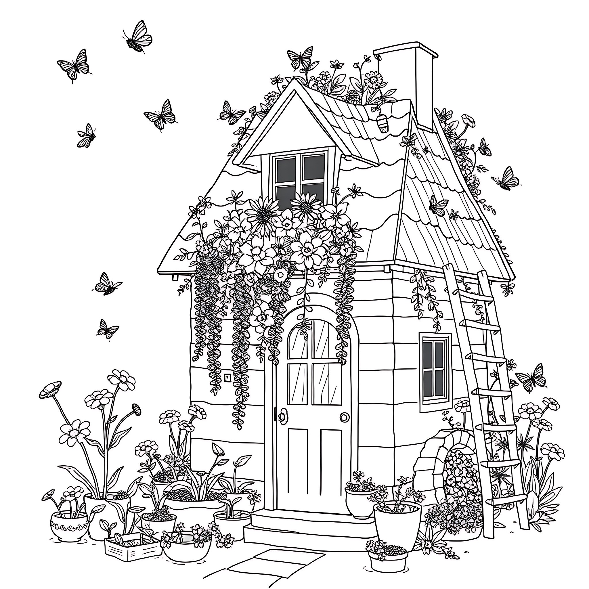 Cottage with Blooming Garden and Fluttering Butterflies Coloring Page (free black-and-white line drawing printable PDF for all, from beginners to advanced learners, including children, teens, adults, and seniors)