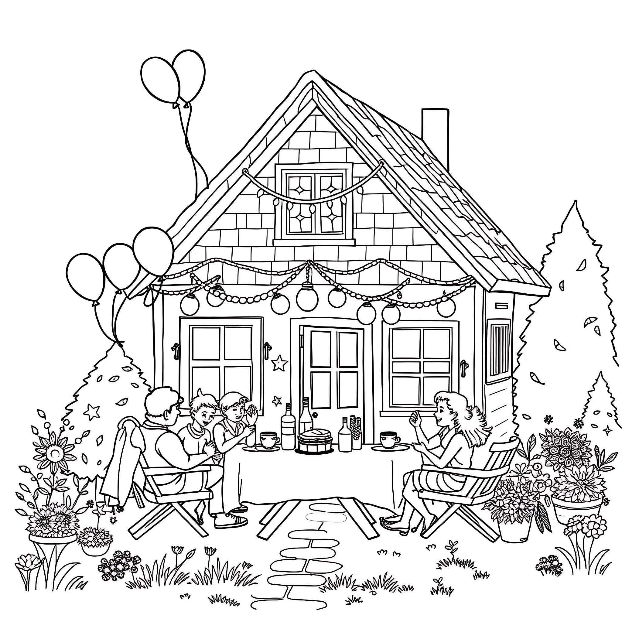 Cottage with Family Gathering in the Garden Coloring Page (free black-and-white line drawing printable PDF for all, from beginners to advanced learners, including children, teens, adults, and seniors)
