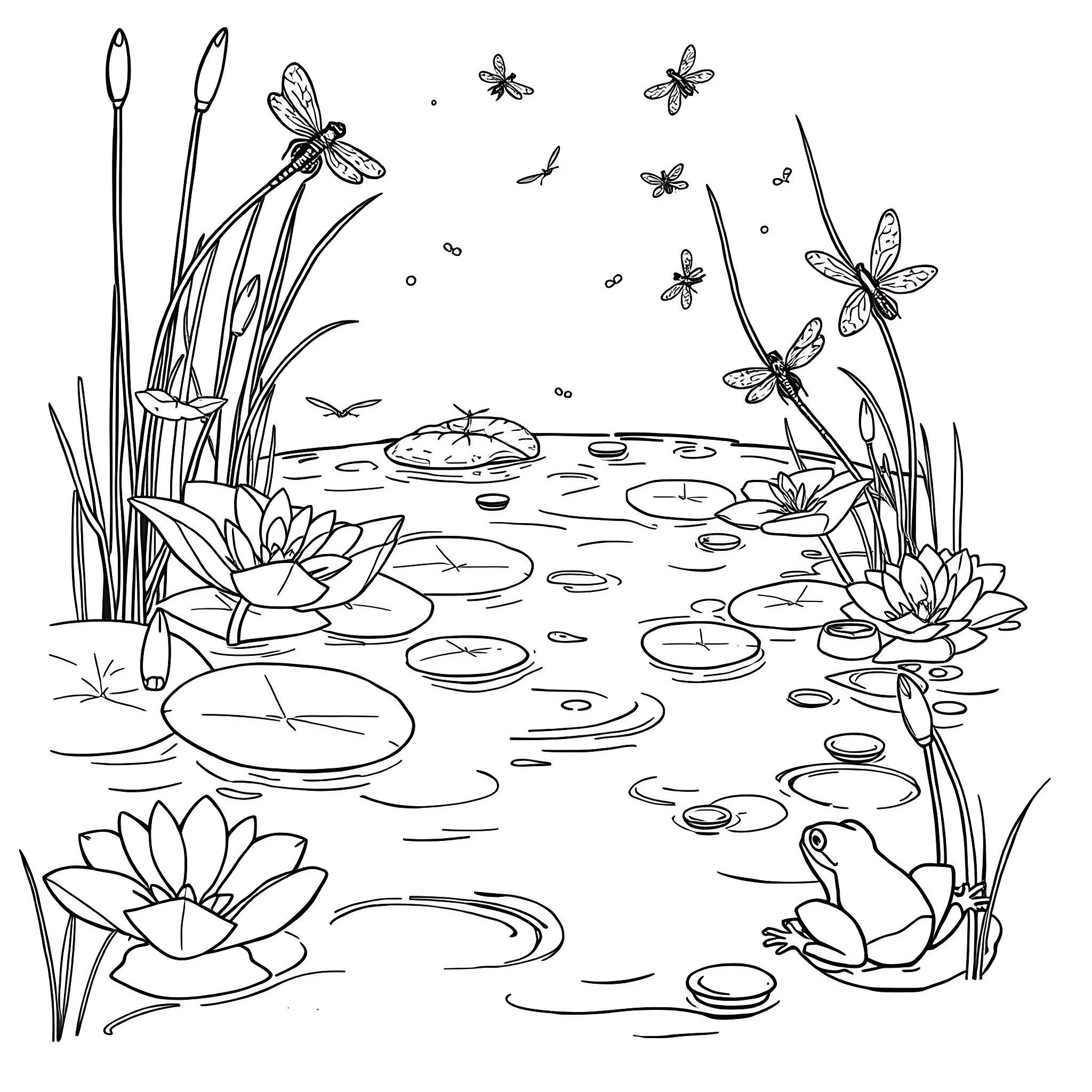 Forest Pond with Lilies and Butterflies Coloring Page (free black-and-white line drawing printable PDF for all, from beginners to advanced learners, including children, teens, adults, and seniors)