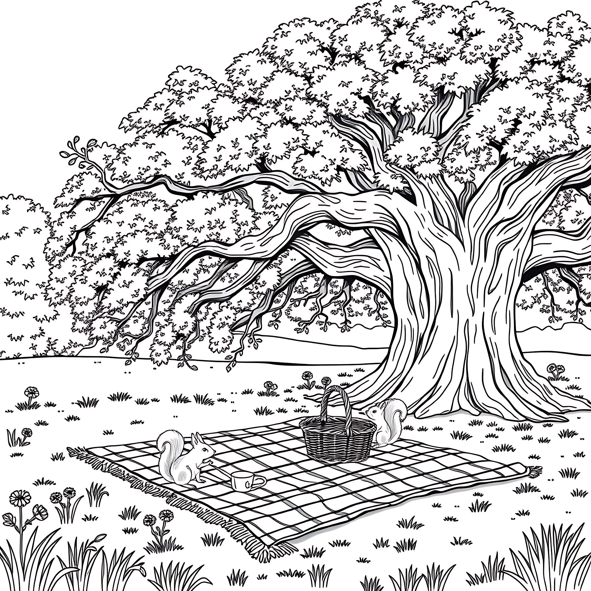 Forest picnic beneath the large tree Coloring Page (free black-and-white line drawing printable PDF for all, from beginners to advanced learners, including children, teens, adults, and seniors)