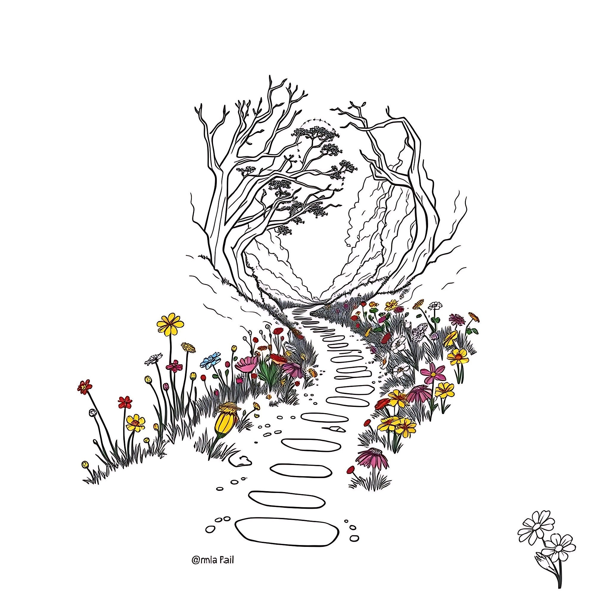 Forest path through a winding woodland garden Coloring Page (free black-and-white line drawing printable PDF for all, from beginners to advanced learners, including children, teens, adults, and seniors)