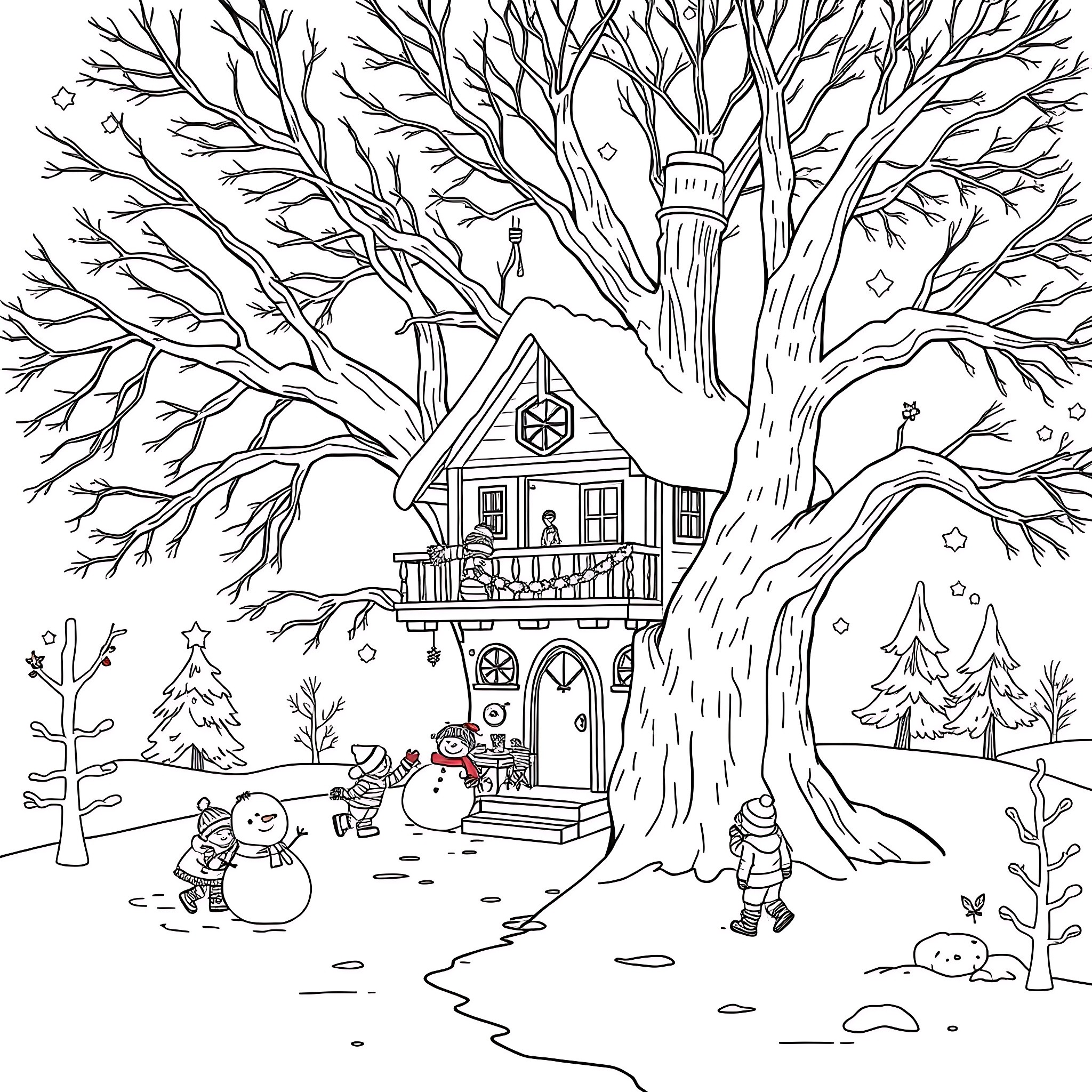 Treehouse in a Snowy Winter Wonderland Coloring Page (free black-and-white line drawing printable PDF for all, from beginners to advanced learners, including children, teens, adults, and seniors)