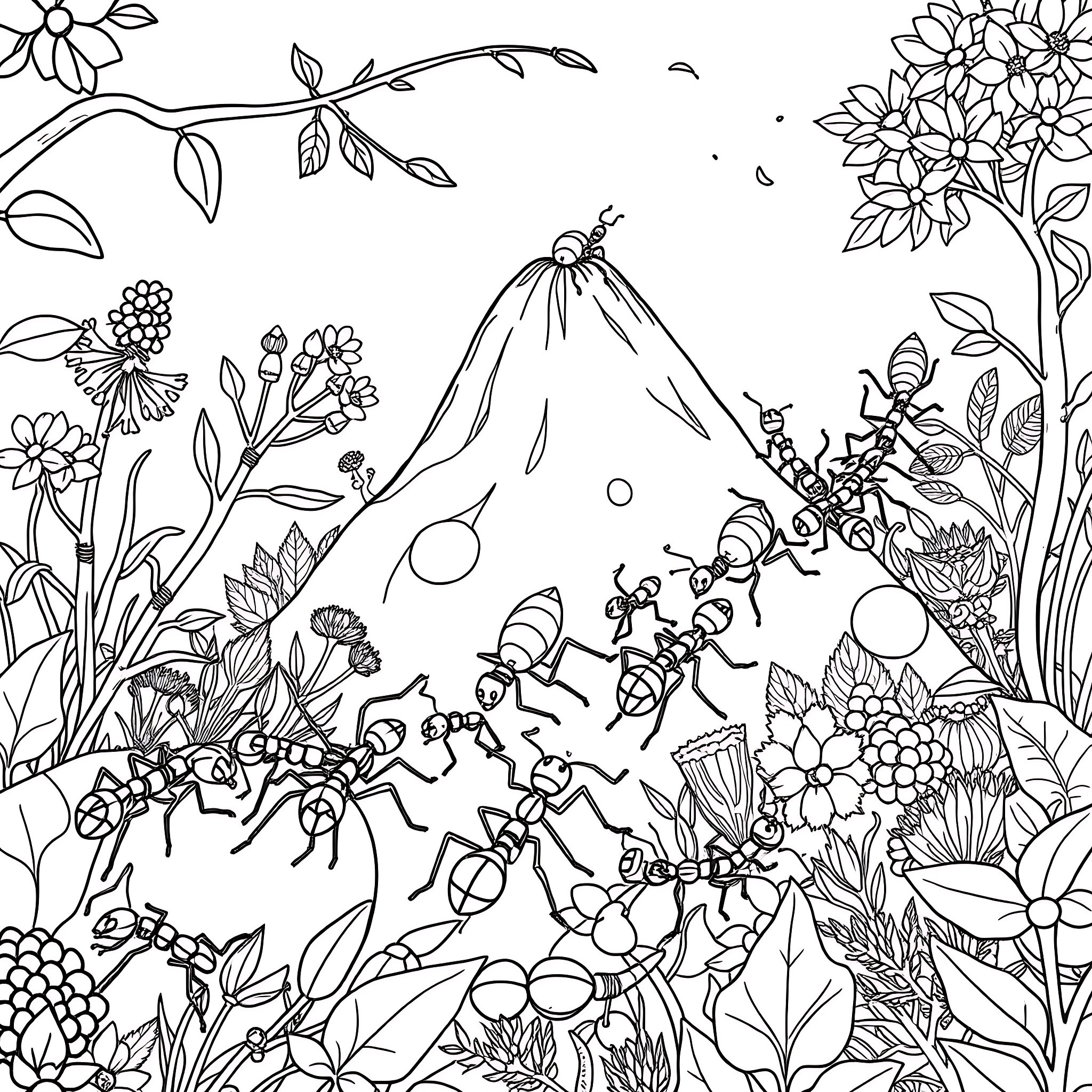 Forest full of whimsical creatures and flowering plants Coloring Page (free black-and-white line drawing printable PDF for all, from beginners to advanced learners, including children, teens, adults, and seniors)