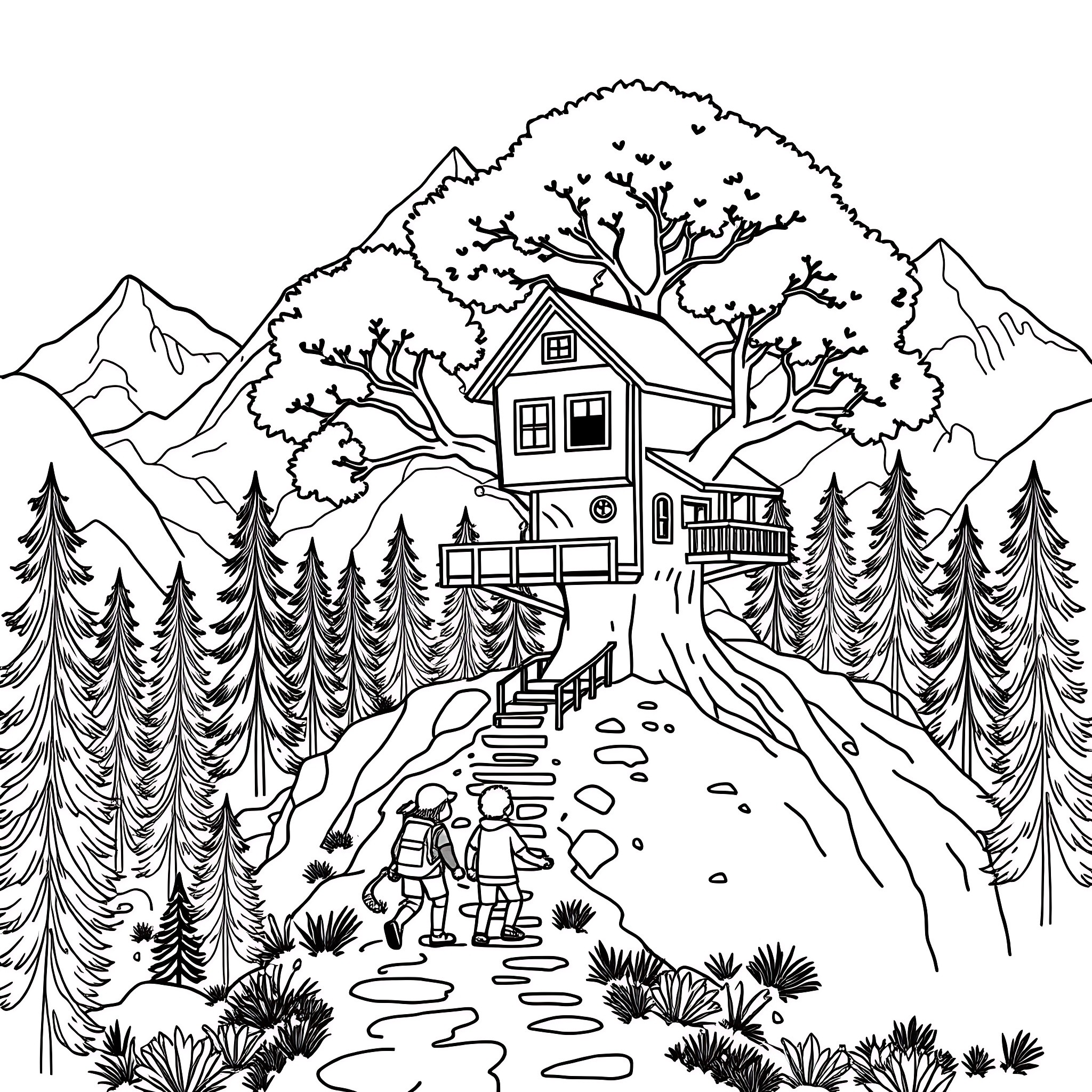 Treehouse in the Mountainous Wilderness Coloring Page (free black-and-white line drawing printable PDF for all, from beginners to advanced learners, including children, teens, adults, and seniors)