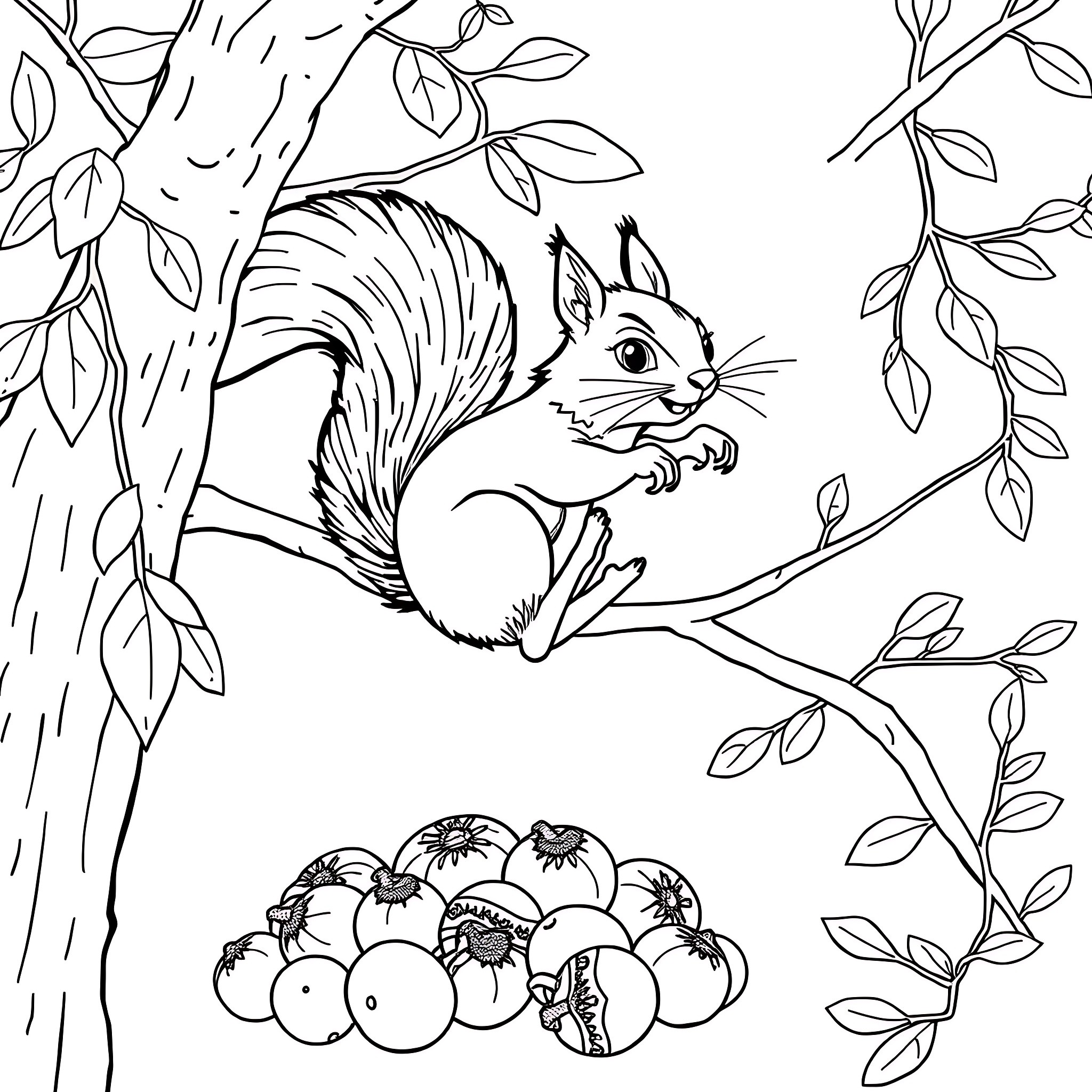 Forest scene with squirrel and acorns Coloring Page (free black-and-white line drawing printable PDF for all, from beginners to advanced learners, including children, teens, adults, and seniors)