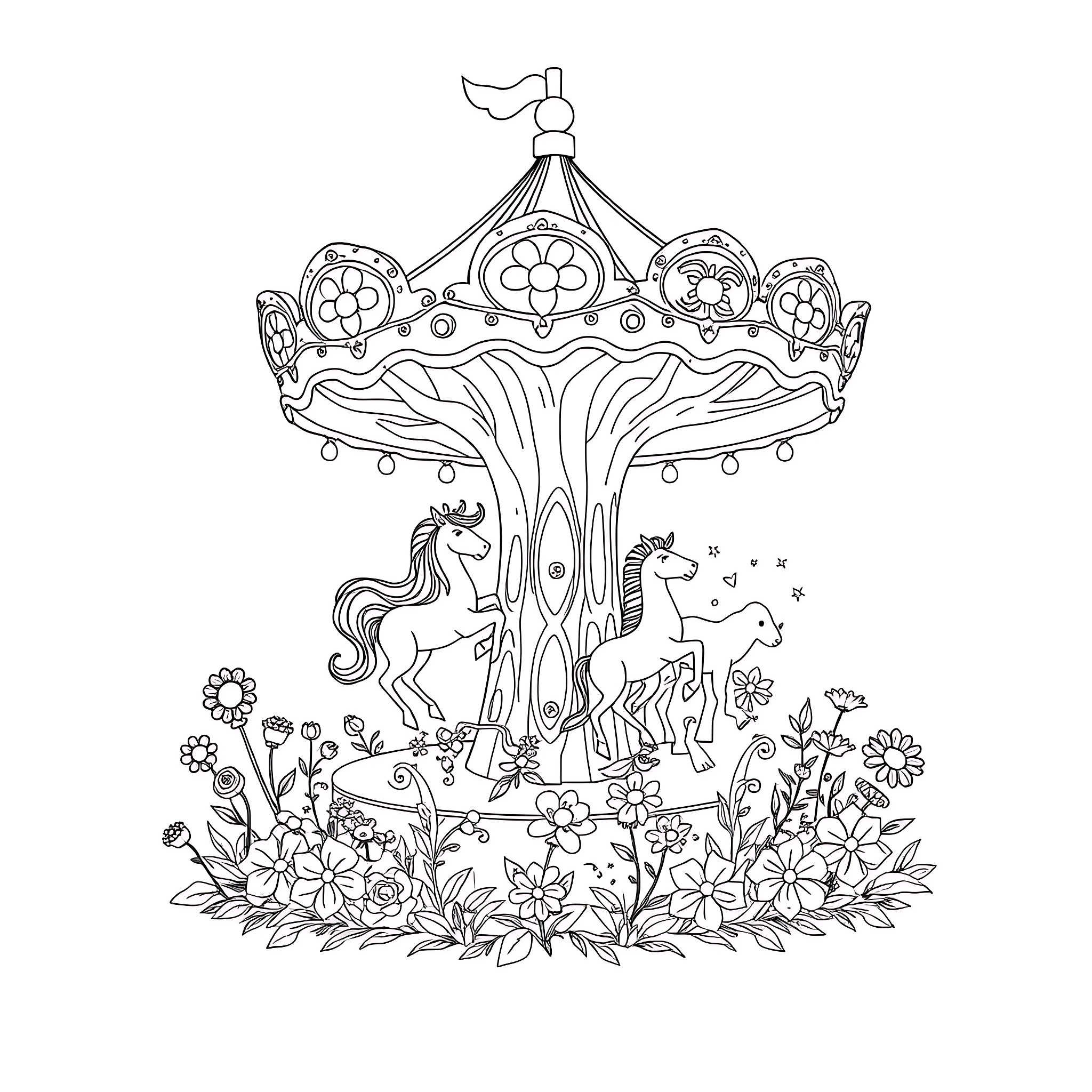 Forest carousel with magical horses and blooming flowers Coloring Page (free black-and-white line drawing printable PDF for all, from beginners to advanced learners, including children, teens, adults, and seniors)