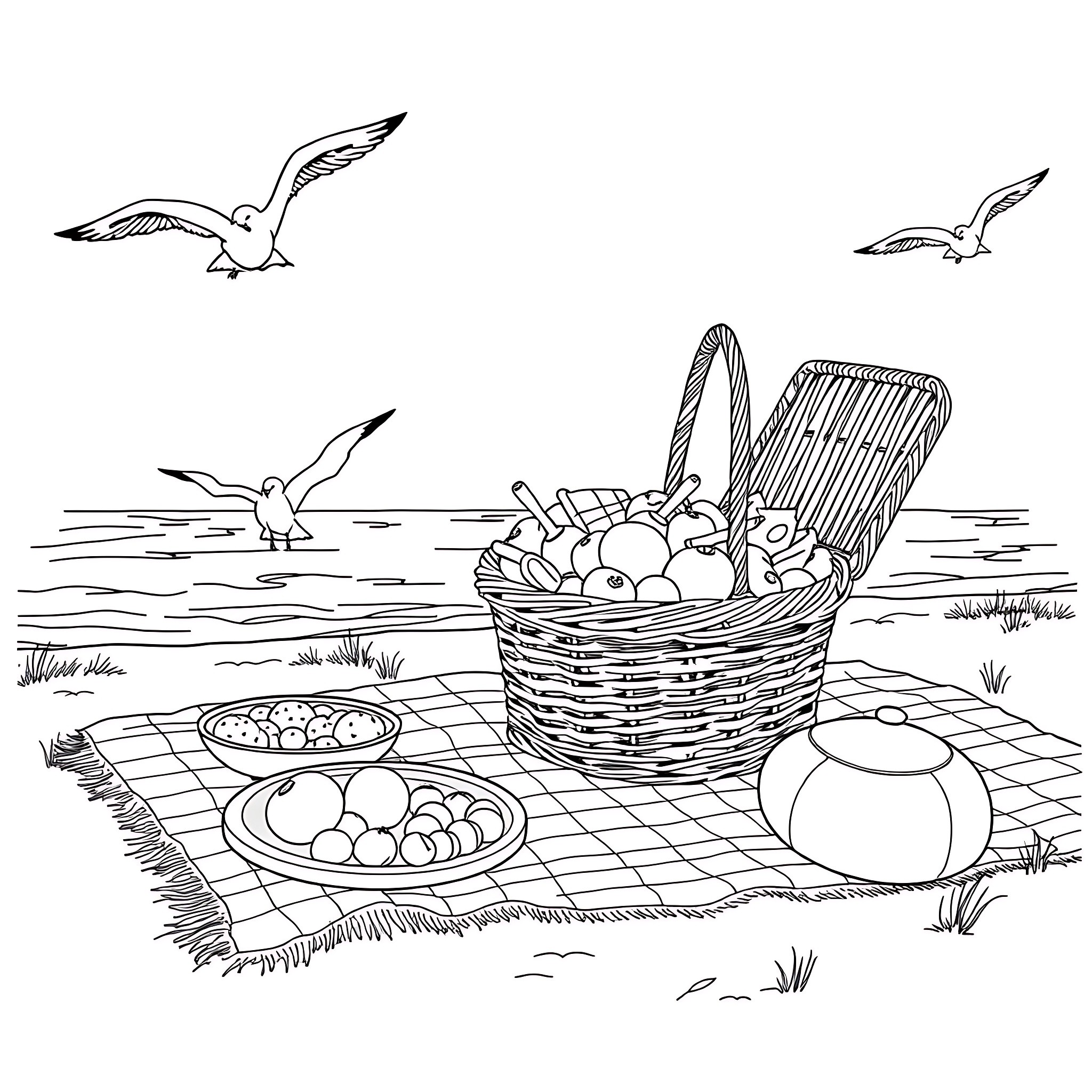Beach picnic with seagulls and a basket of goodies Coloring Page (free black-and-white line drawing printable PDF for all, from beginners to advanced learners, including children, teens, adults, and seniors)