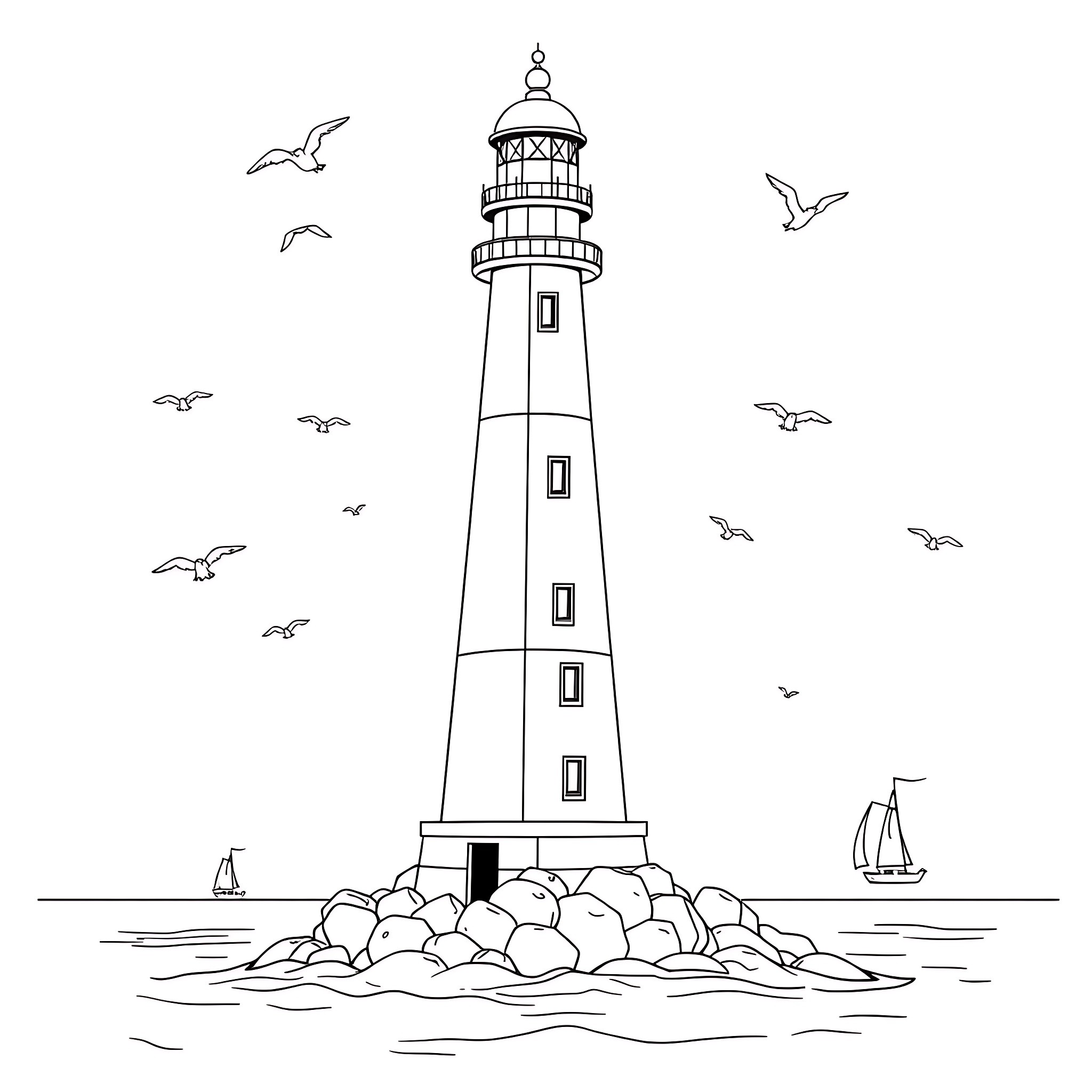 Beach scene with lighthouse and sailing boats Coloring Page (free black-and-white line drawing printable PDF for all, from beginners to advanced learners, including children, teens, adults, and seniors)