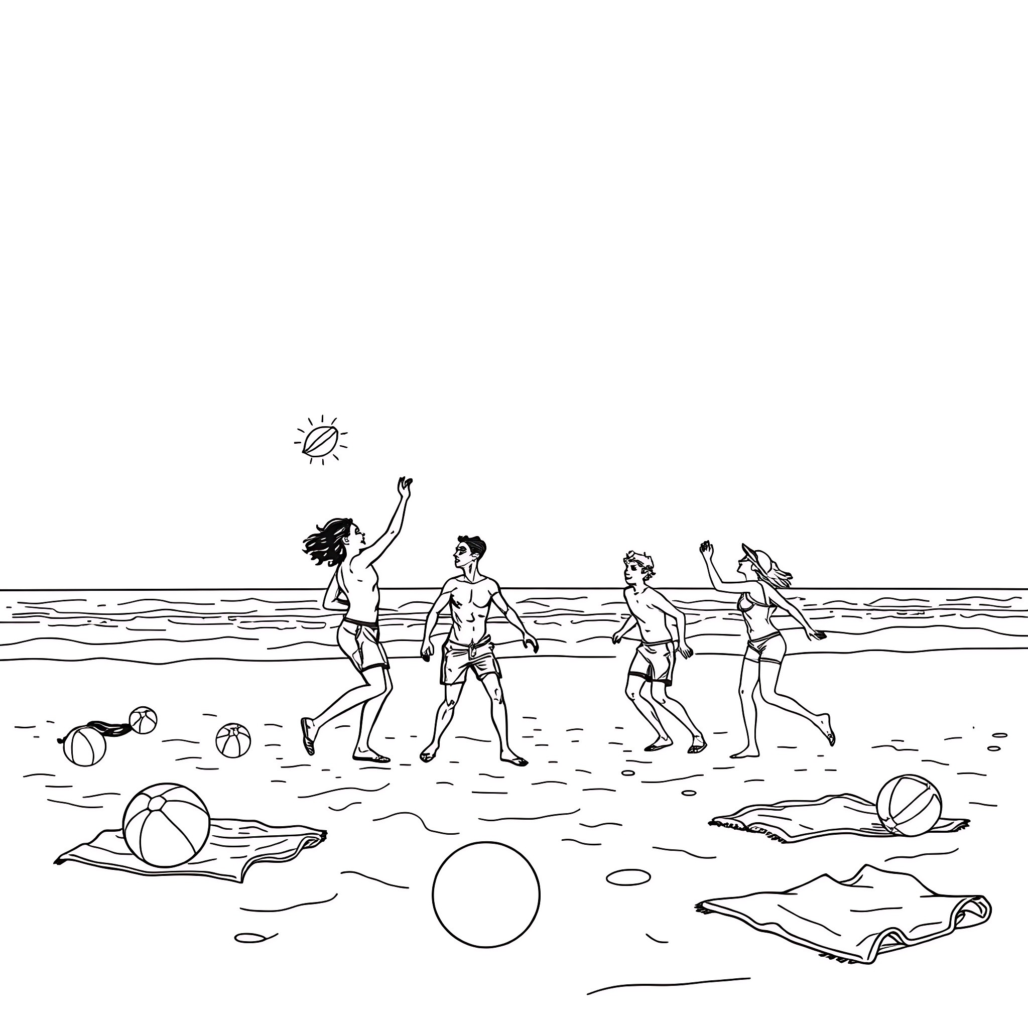 Beach scene with people playing and swimming Coloring Page (free black-and-white line drawing printable PDF for all, from beginners to advanced learners, including children, teens, adults, and seniors)
