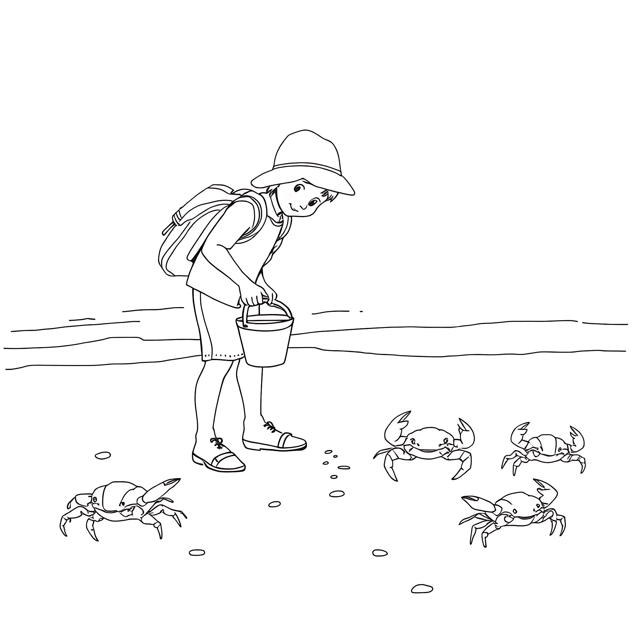 Beach scene with a girl and crabs Coloring Page (free black-and-white line drawing printable PDF for all, from beginners to advanced learners, including children, teens, adults, and seniors)