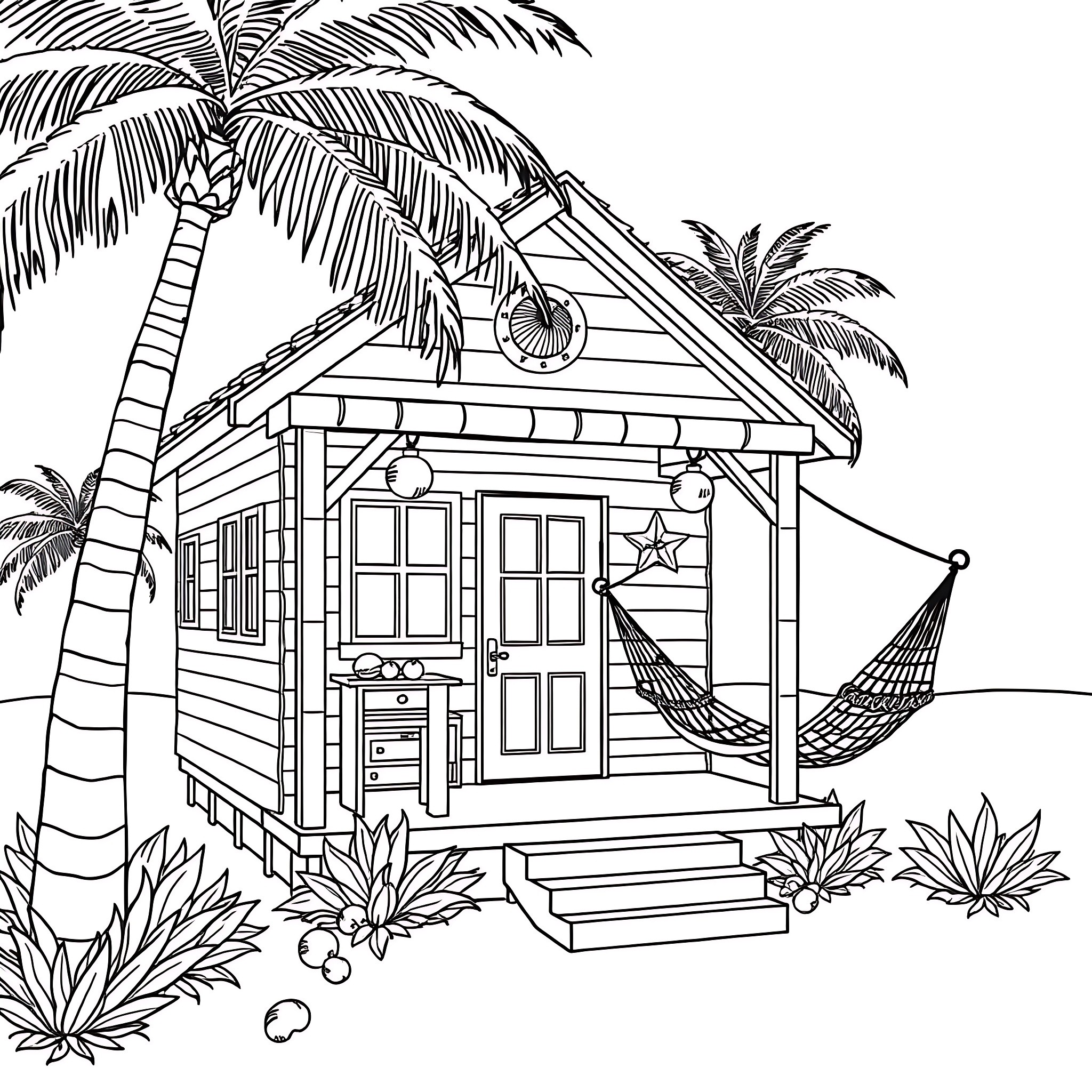 Beach scene with tropical hut and palm trees Coloring Page (free black-and-white line drawing printable PDF for all, from beginners to advanced learners, including children, teens, adults, and seniors)