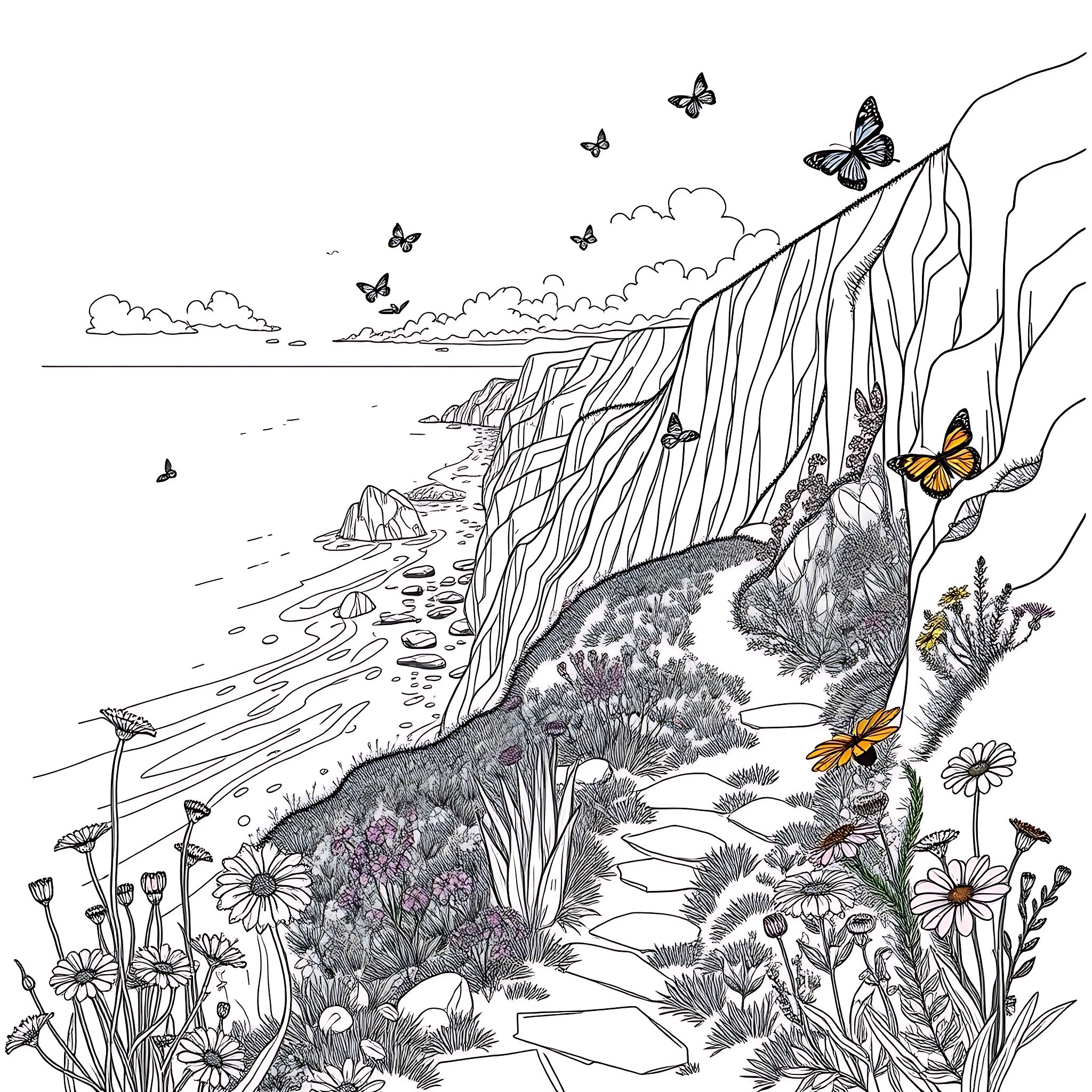 Beach with Butterflies and Wildflowers Coloring Page (free black-and-white line drawing printable PDF for all, from beginners to advanced learners, including children, teens, adults, and seniors)
