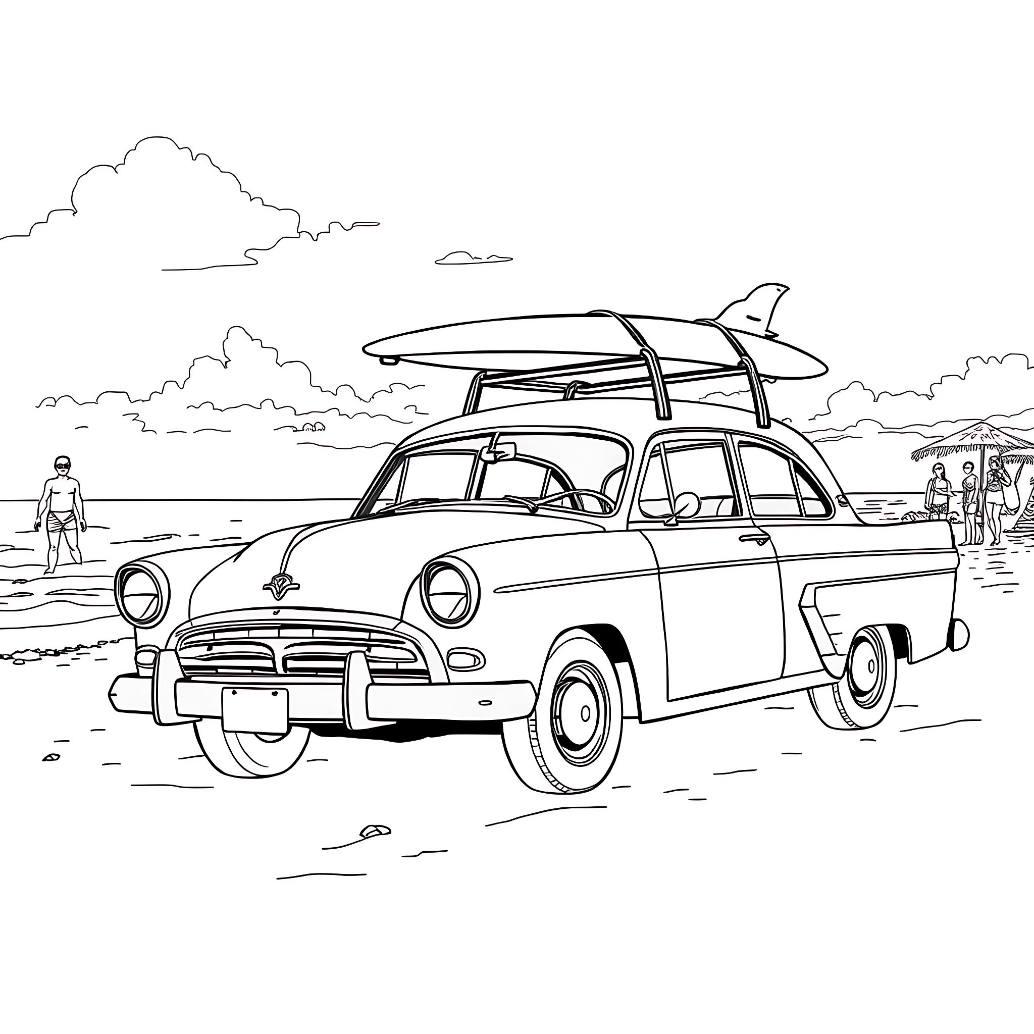 Beach scene with vintage car and surfboards Coloring Page (free black-and-white line drawing printable PDF for all, from beginners to advanced learners, including children, teens, adults, and seniors)