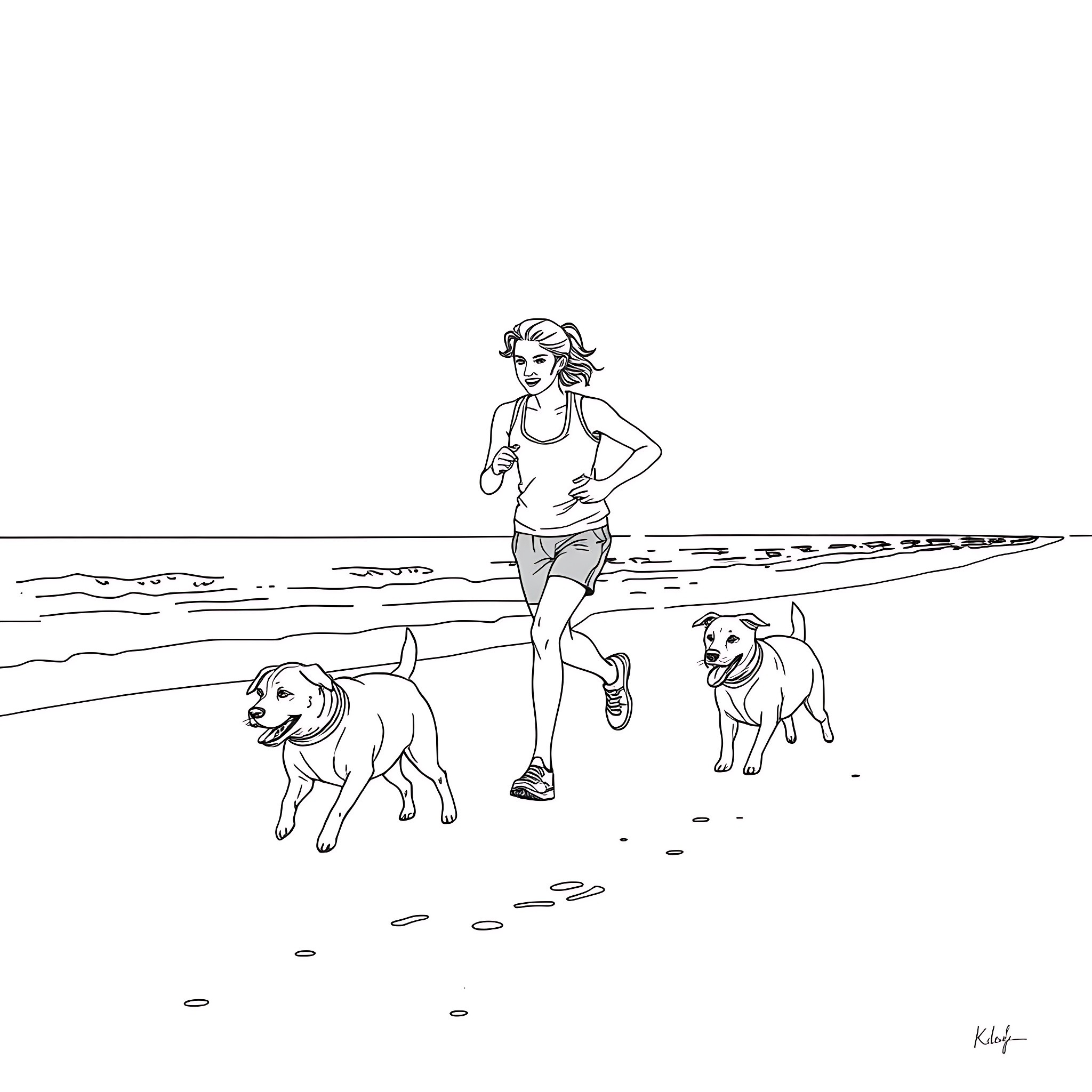 Beach Woman Jogging with Two Dogs Coloring Page (free black-and-white line drawing printable PDF for all, from beginners to advanced learners, including children, teens, adults, and seniors)