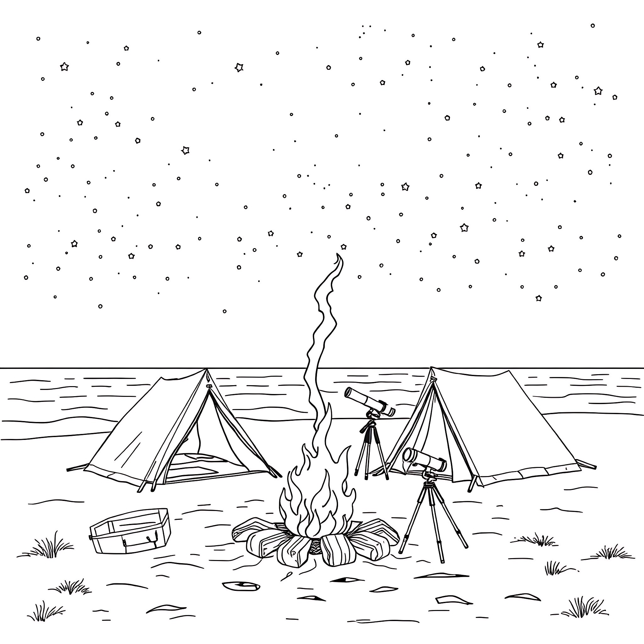 Beach camping with starry night sky Coloring Page (free black-and-white line drawing printable PDF for all, from beginners to advanced learners, including children, teens, adults, and seniors)
