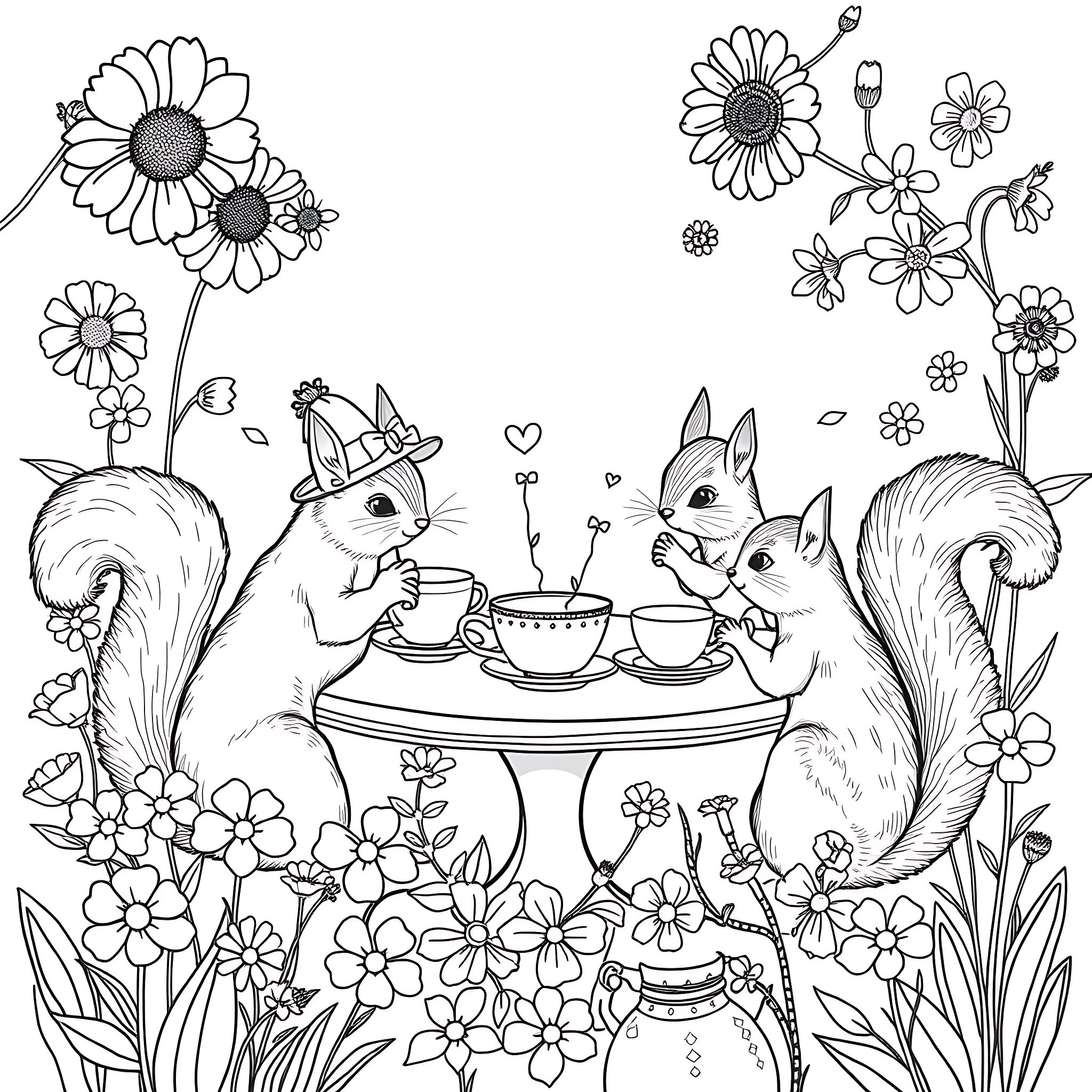 Flower Garden with Playful Squirrels Coloring Page (free black-and-white line drawing printable PDF for all, from beginners to advanced learners, including children, teens, adults, and seniors)