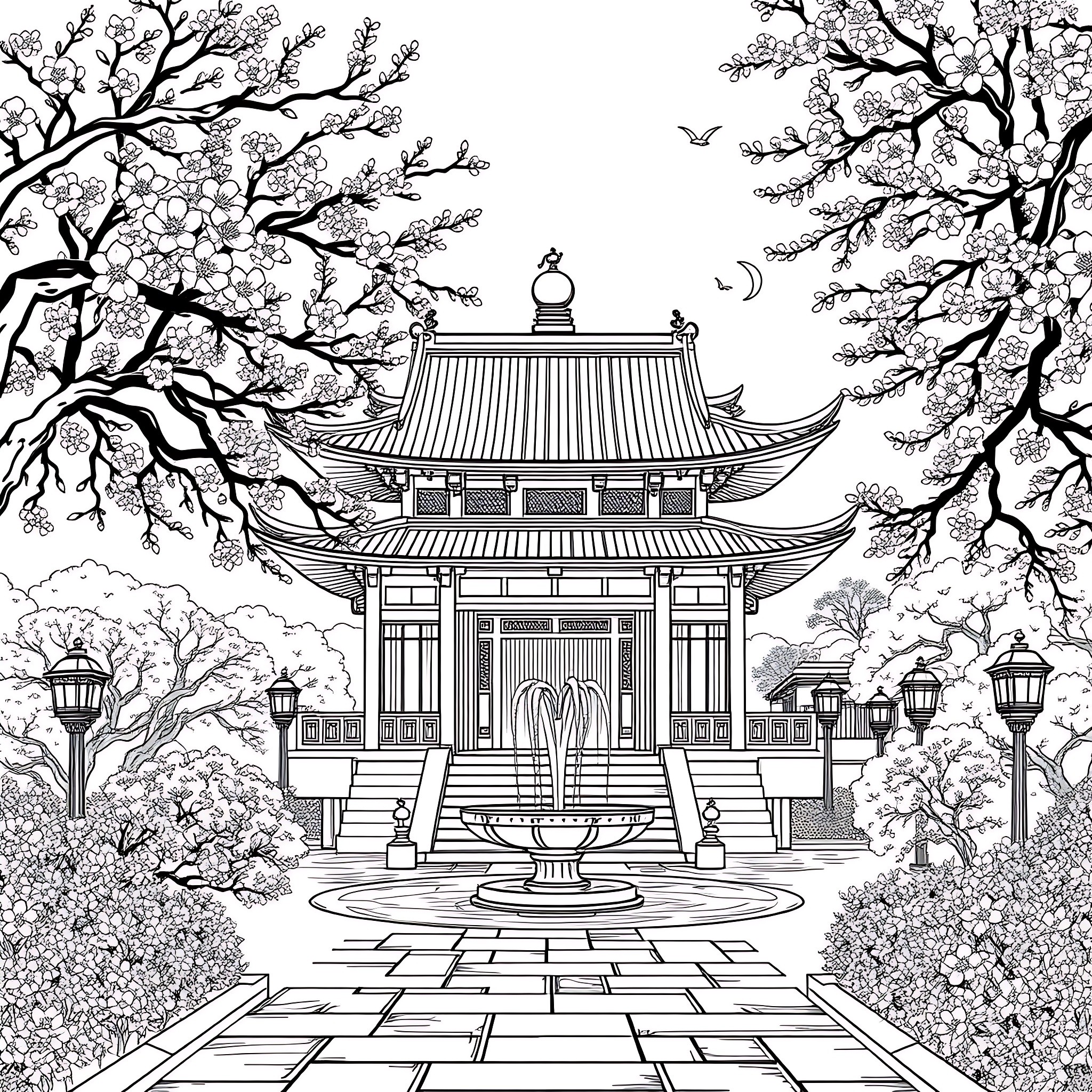 Flower Garden with Traditional Japanese Temple Coloring Page (free black-and-white line drawing printable PDF for all, from beginners to advanced learners, including children, teens, adults, and seniors)