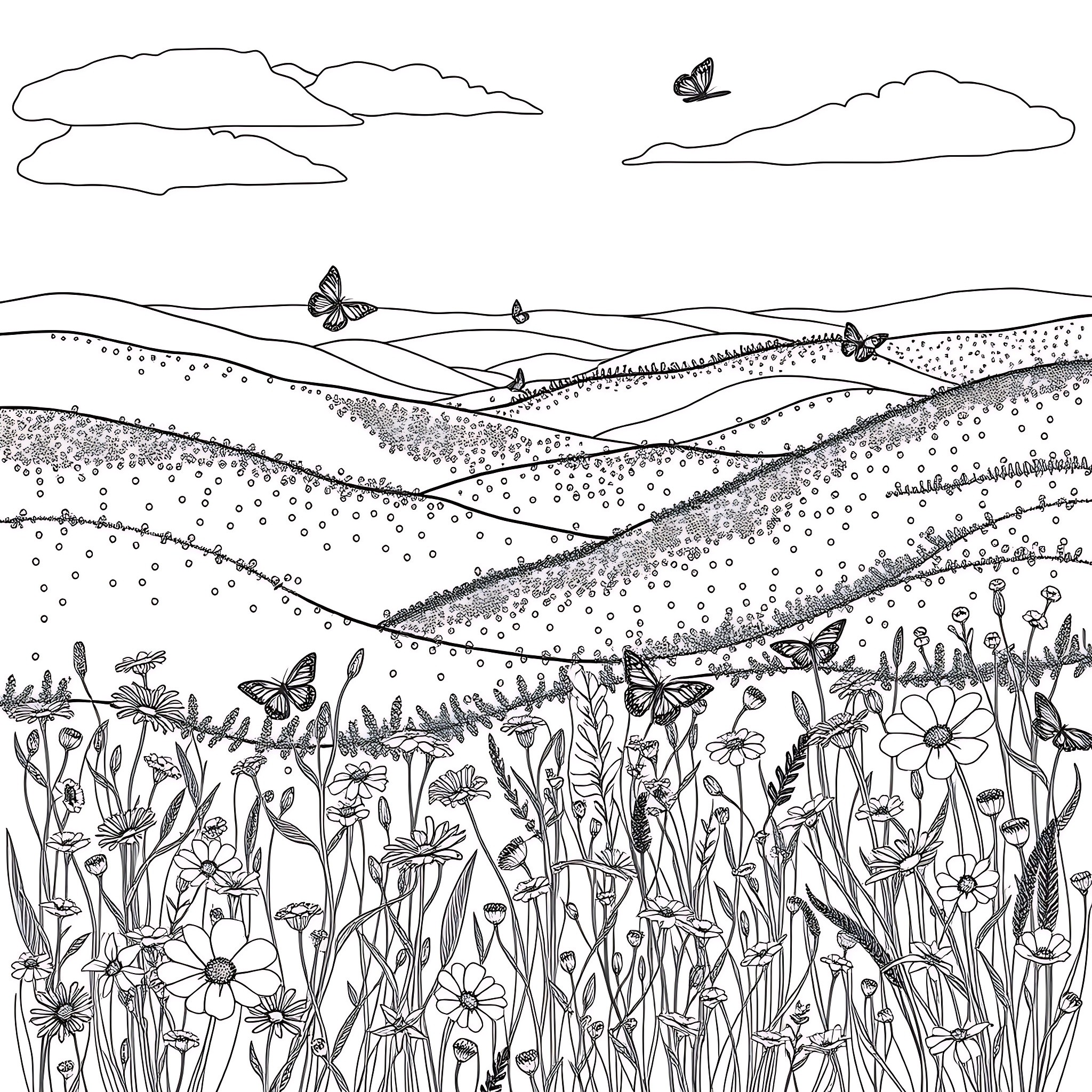 Flower Garden with Butterflies and Hilly Landscape Coloring Page (free black-and-white line drawing printable PDF for all, from beginners to advanced learners, including children, teens, adults, and seniors)