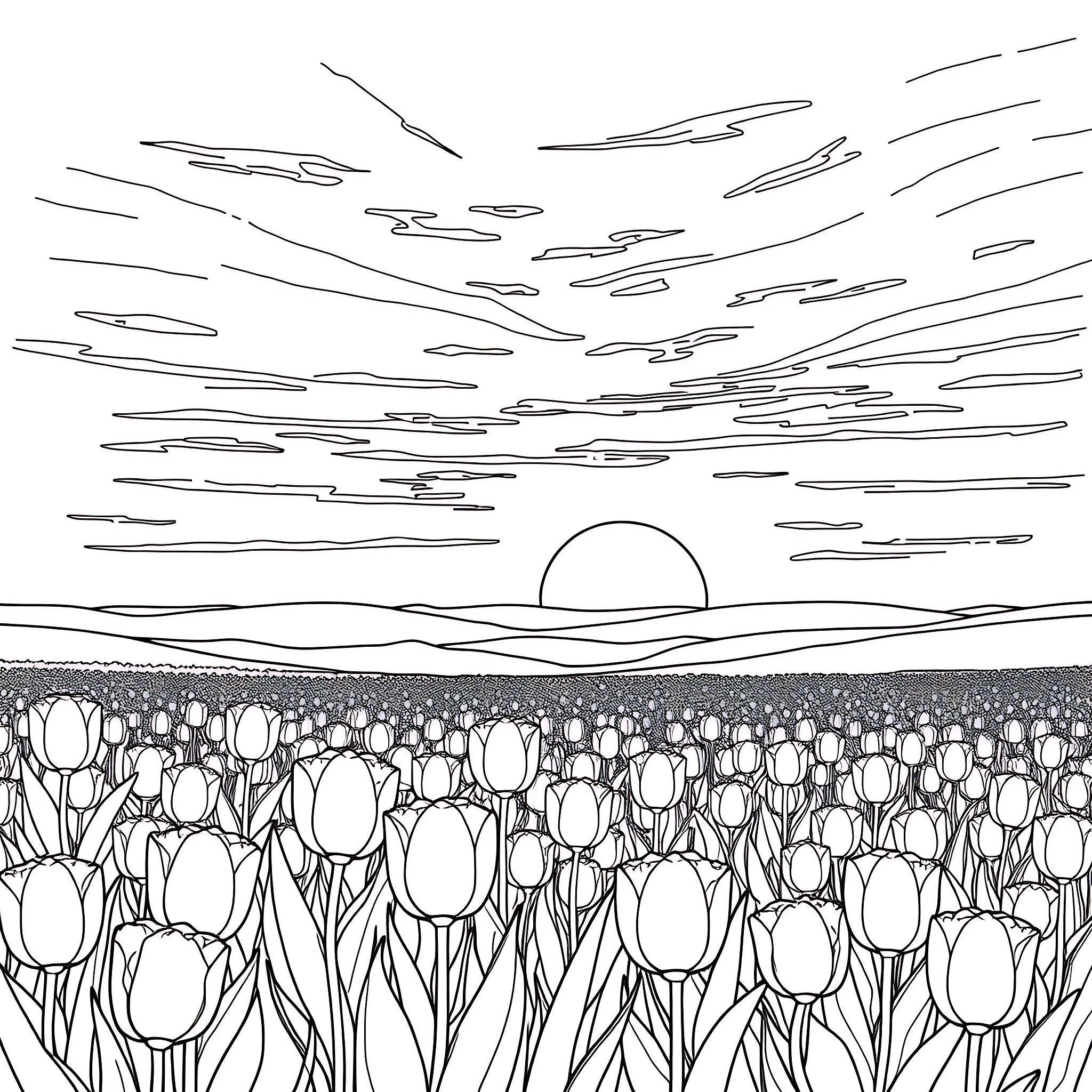 Flower Garden with Vibrant Tulips at Sunset Coloring Page (free black-and-white line drawing printable PDF for all, from beginners to advanced learners, including children, teens, adults, and seniors)