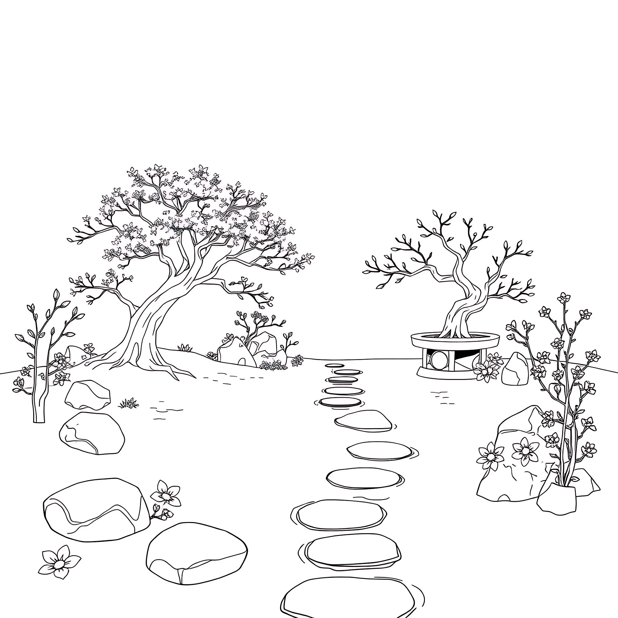 Flower Garden with Tranquil Scenery Coloring Page (free black-and-white line drawing printable PDF for all, from beginners to advanced learners, including children, teens, adults, and seniors)