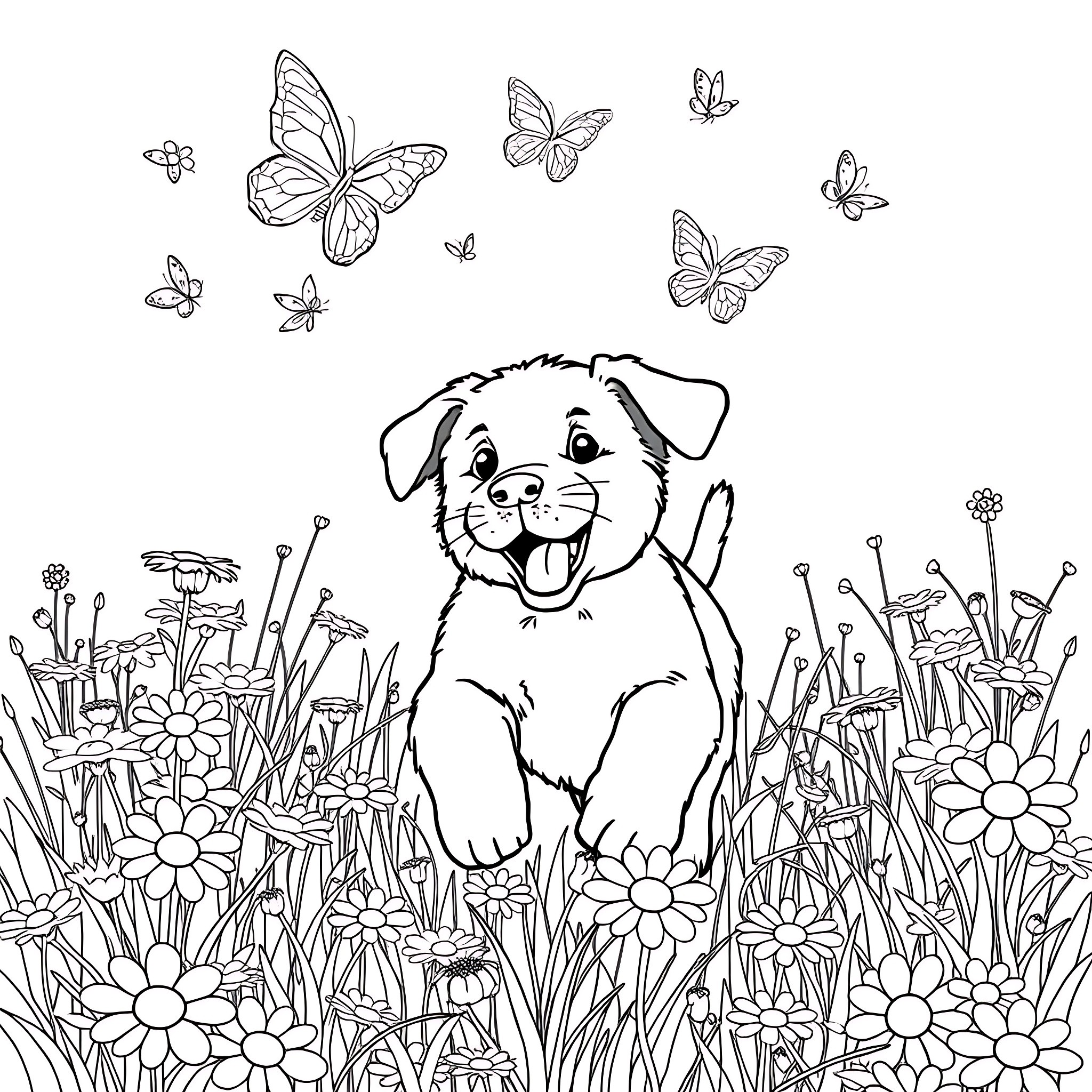 Flower Garden with a Happy Puppy and Butterflies Coloring Page (free black-and-white line drawing printable PDF for all, from beginners to advanced learners, including children, teens, adults, and seniors)