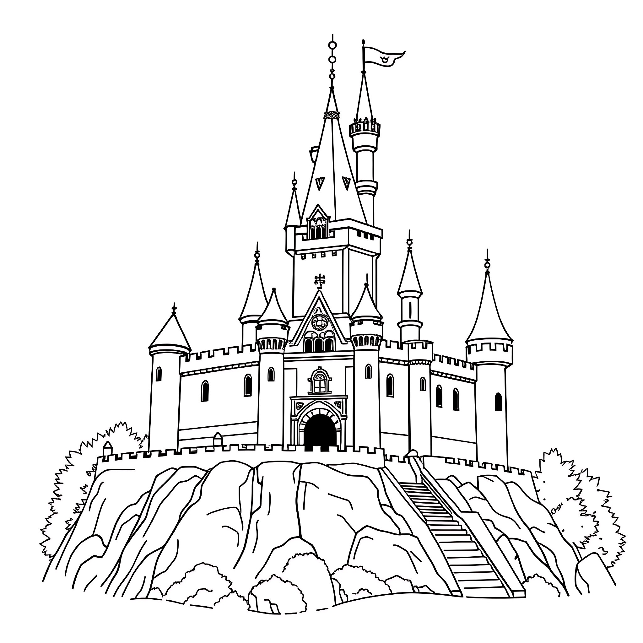 Castle on a rocky cliff with winding stairs Coloring Page (free black-and-white line drawing printable PDF for all, from beginners to advanced learners, including children, teens, adults, and seniors)