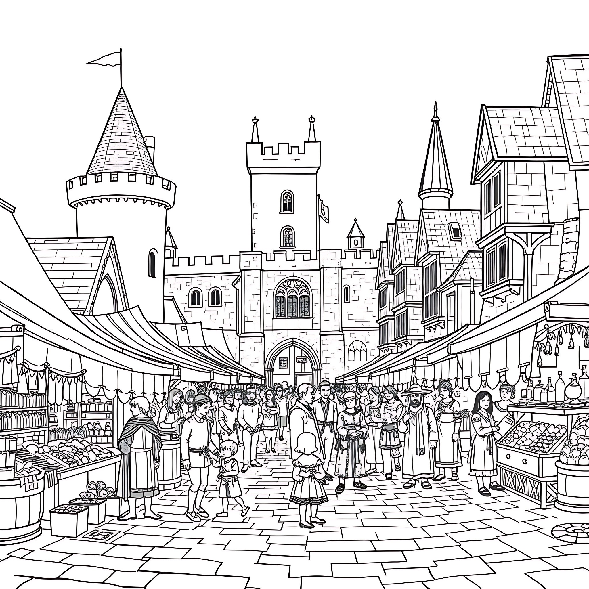 Castle with bustling market scene in medieval town Coloring Page (free black-and-white line drawing printable PDF for all, from beginners to advanced learners, including children, teens, adults, and seniors)