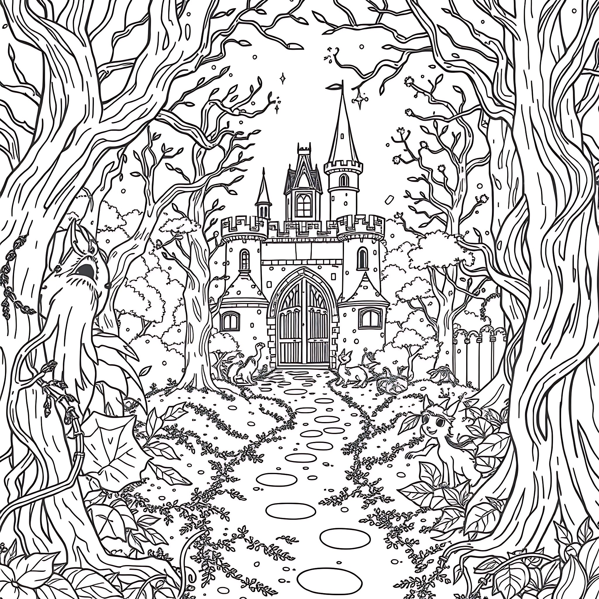 Castle in the Enchanted Forest Coloring Page (free black-and-white line drawing printable PDF for all, from beginners to advanced learners, including children, teens, adults, and seniors)