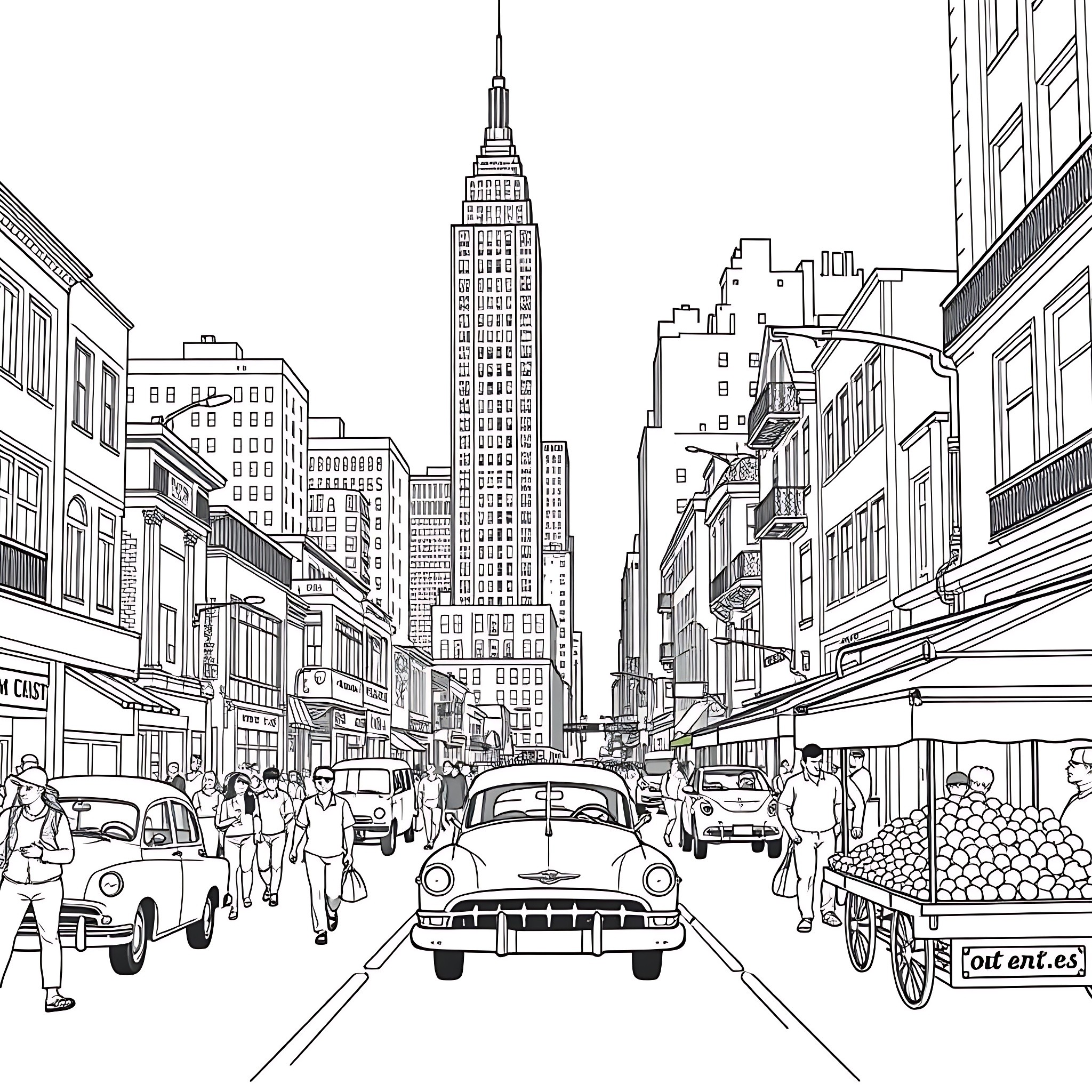 Skyscraper with Busy City Street Coloring Page (free black-and-white line drawing printable PDF for all, from beginners to advanced learners, including children, teens, adults, and seniors)