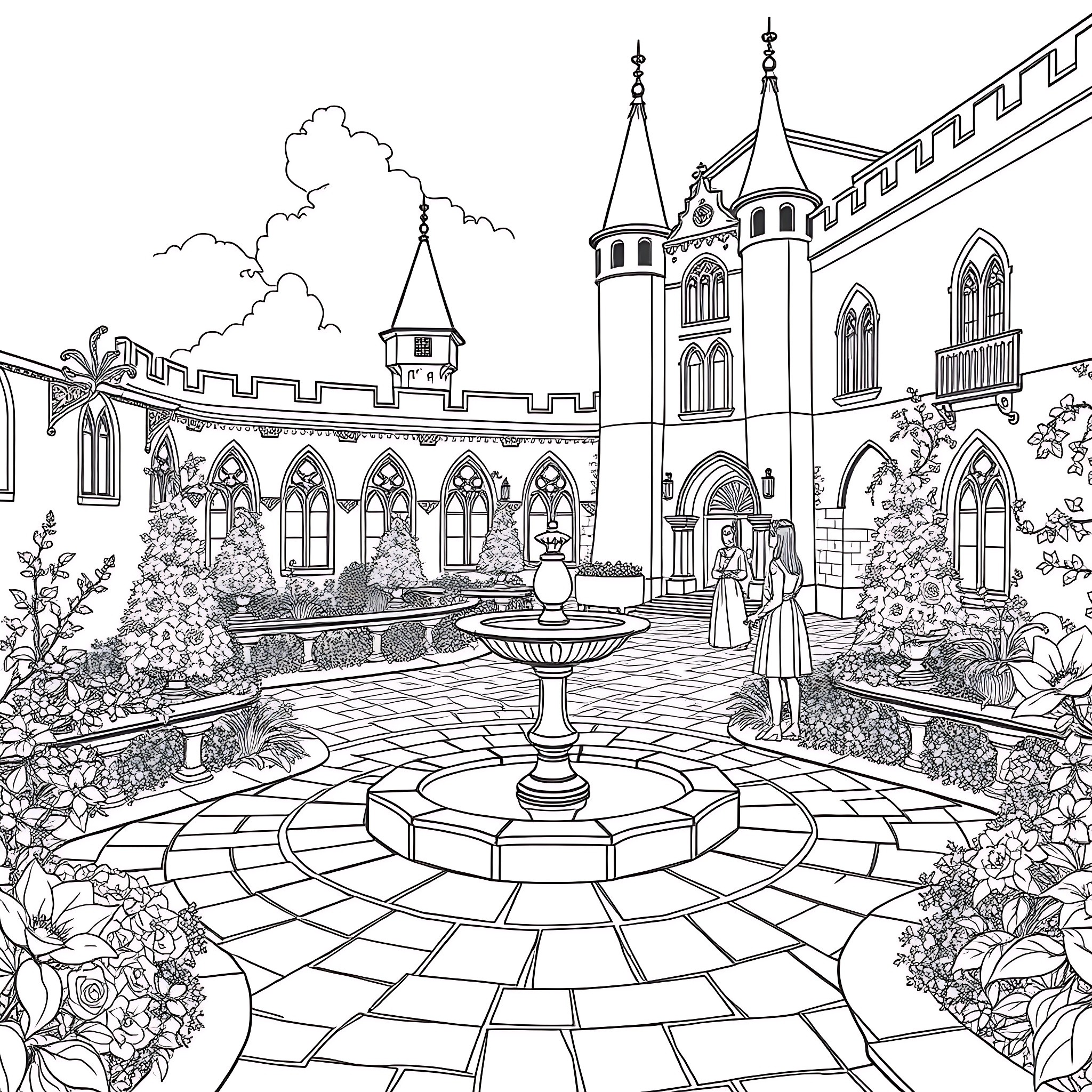 Castle with Elaborate Architecture and Fountain in the Garden Coloring Page (free black-and-white line drawing printable PDF for all, from beginners to advanced learners, including children, teens, adults, and seniors)