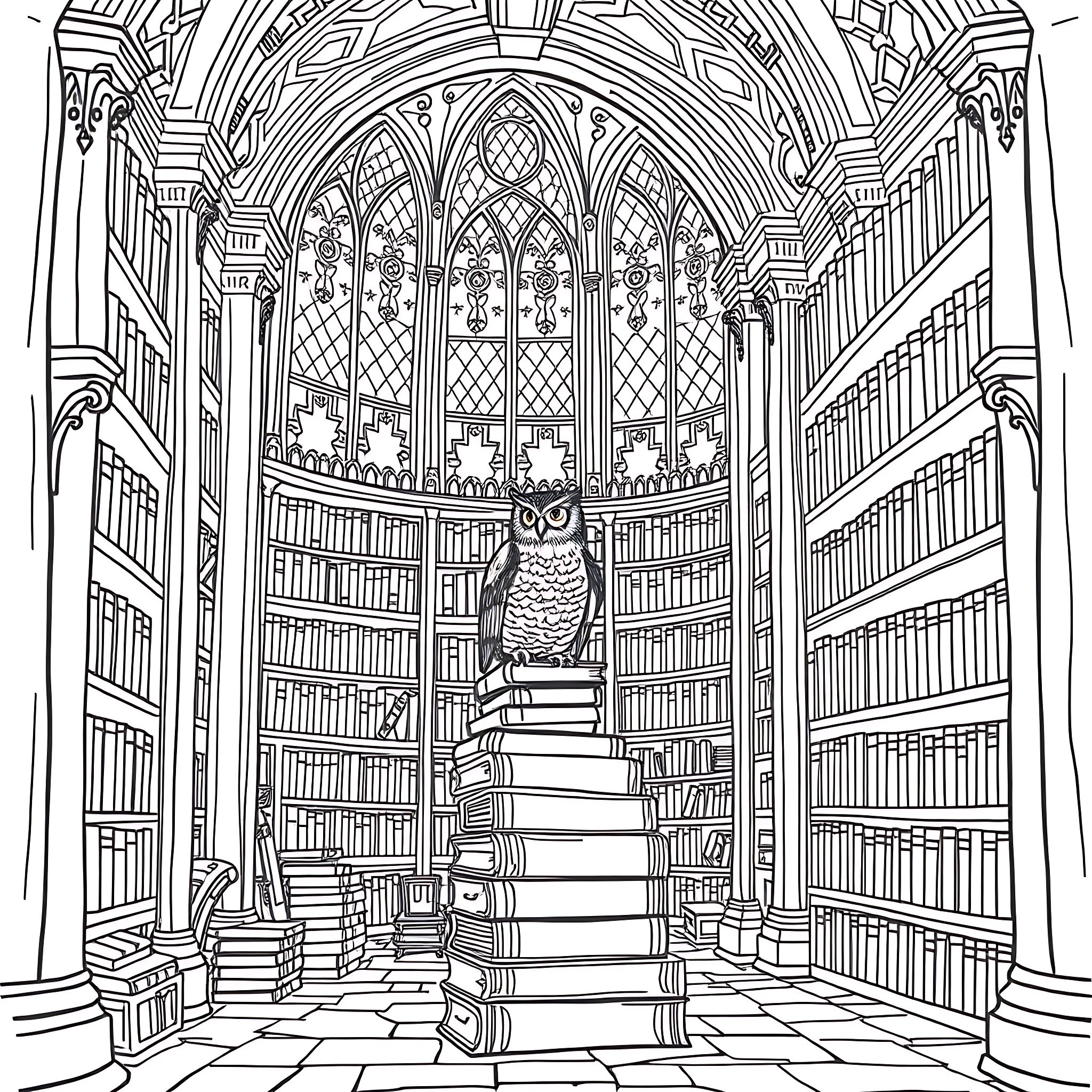 Castle Library with Owl on Stacks of Books Coloring Page (free black-and-white line drawing printable PDF for all, from beginners to advanced learners, including children, teens, adults, and seniors)