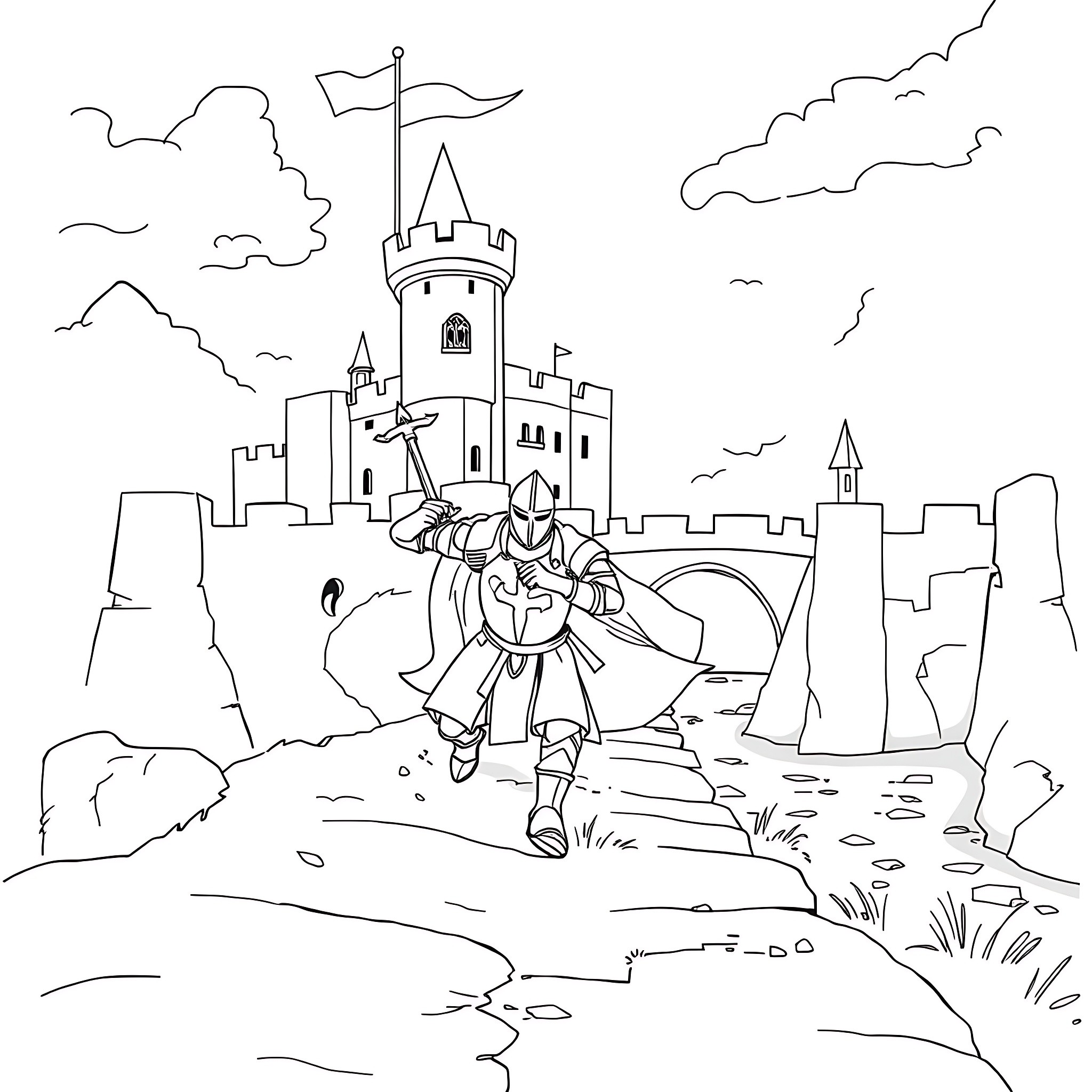 Castle with a Warrior Guarding the Entrance Coloring Page (free black-and-white line drawing printable PDF for all, from beginners to advanced learners, including children, teens, adults, and seniors)