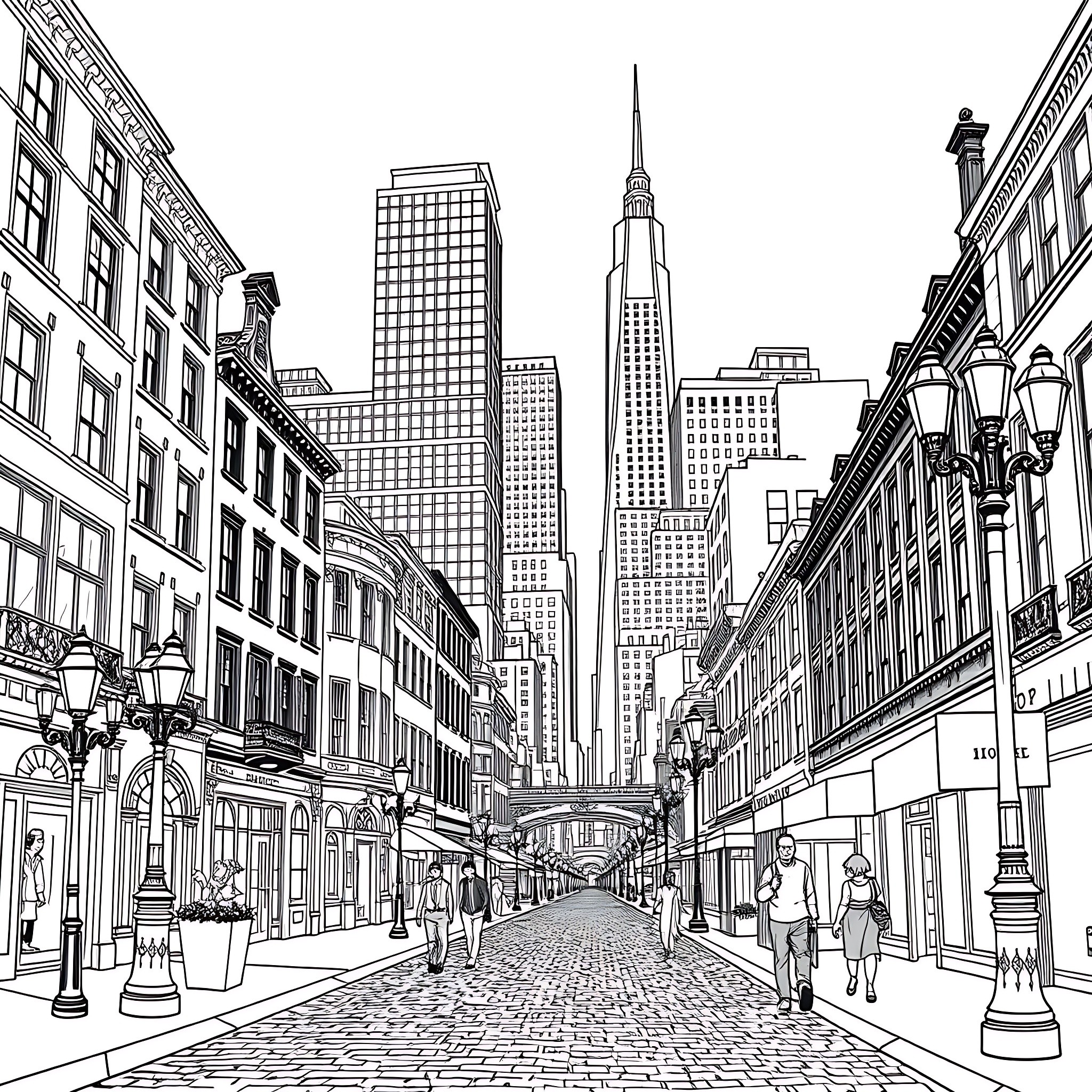 Skyscraper-filled urban landscape with bustling city street Coloring Page (free black-and-white line drawing printable PDF for all, from beginners to advanced learners, including children, teens, adults, and seniors)