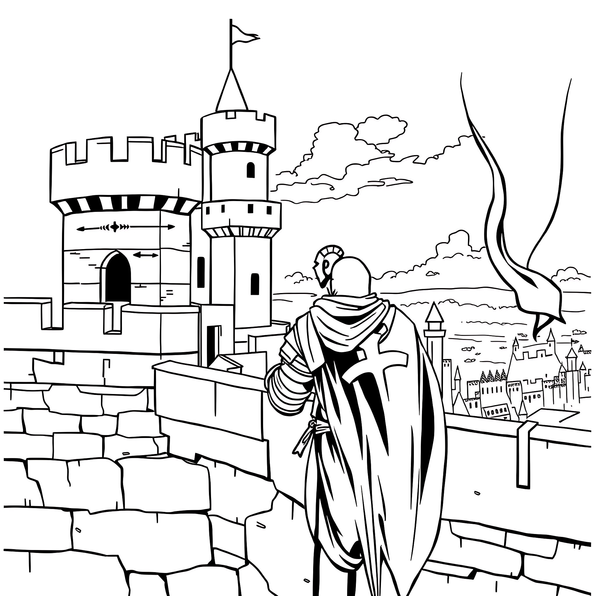 Castle with a Mysterious Figure in the Courtyard Coloring Page (free black-and-white line drawing printable PDF for all, from beginners to advanced learners, including children, teens, adults, and seniors)