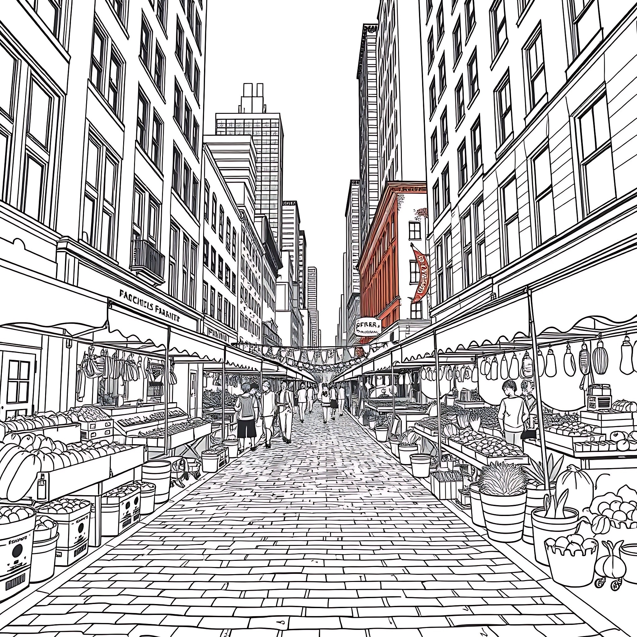 Skyscraper Street Bustling with Shops and Pedestrians Coloring Page (free black-and-white line drawing printable PDF for all, from beginners to advanced learners, including children, teens, adults, and seniors)
