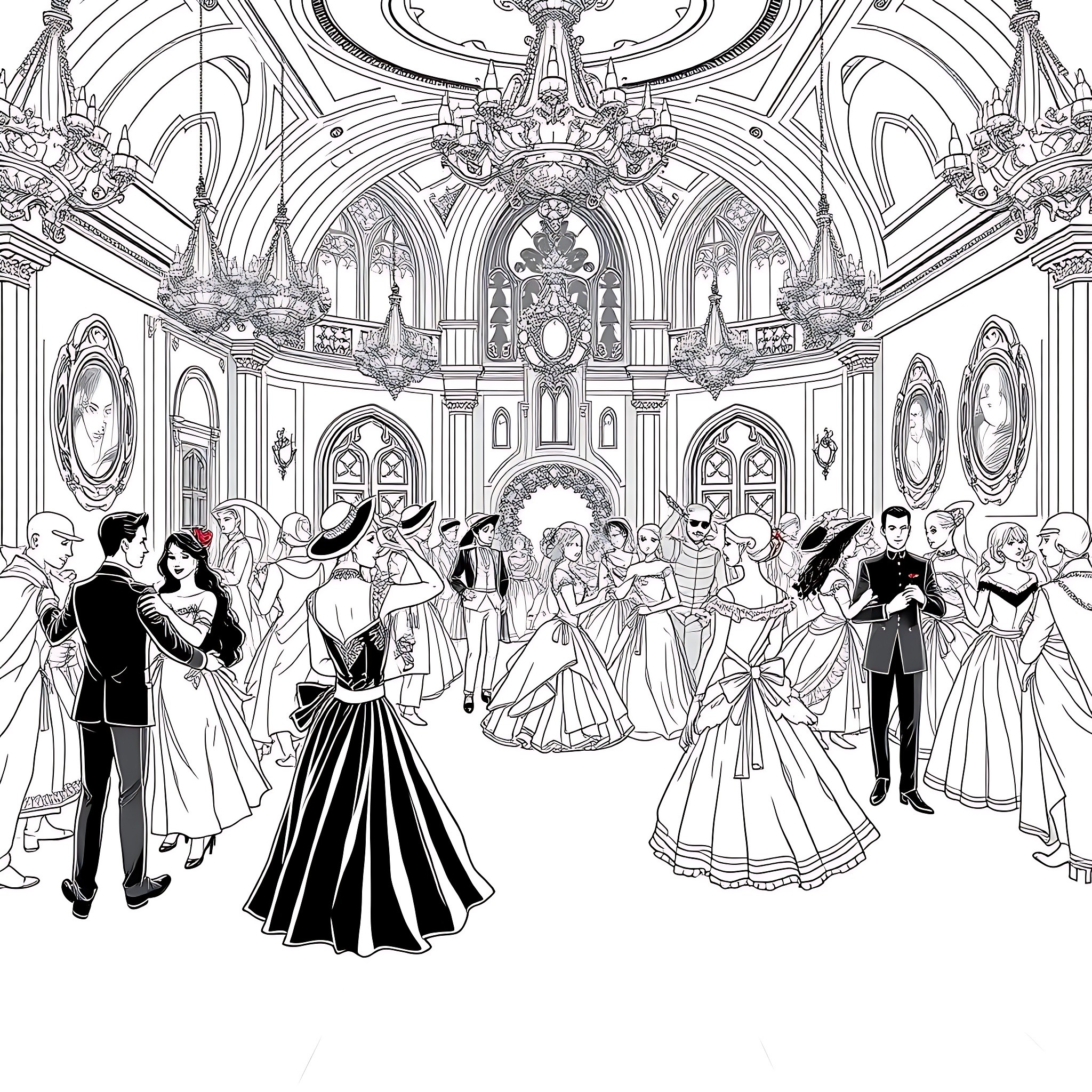 Castle Ball with Elegant Guests in Formal Attire Coloring Page (free black-and-white line drawing printable PDF for all, from beginners to advanced learners, including children, teens, adults, and seniors)