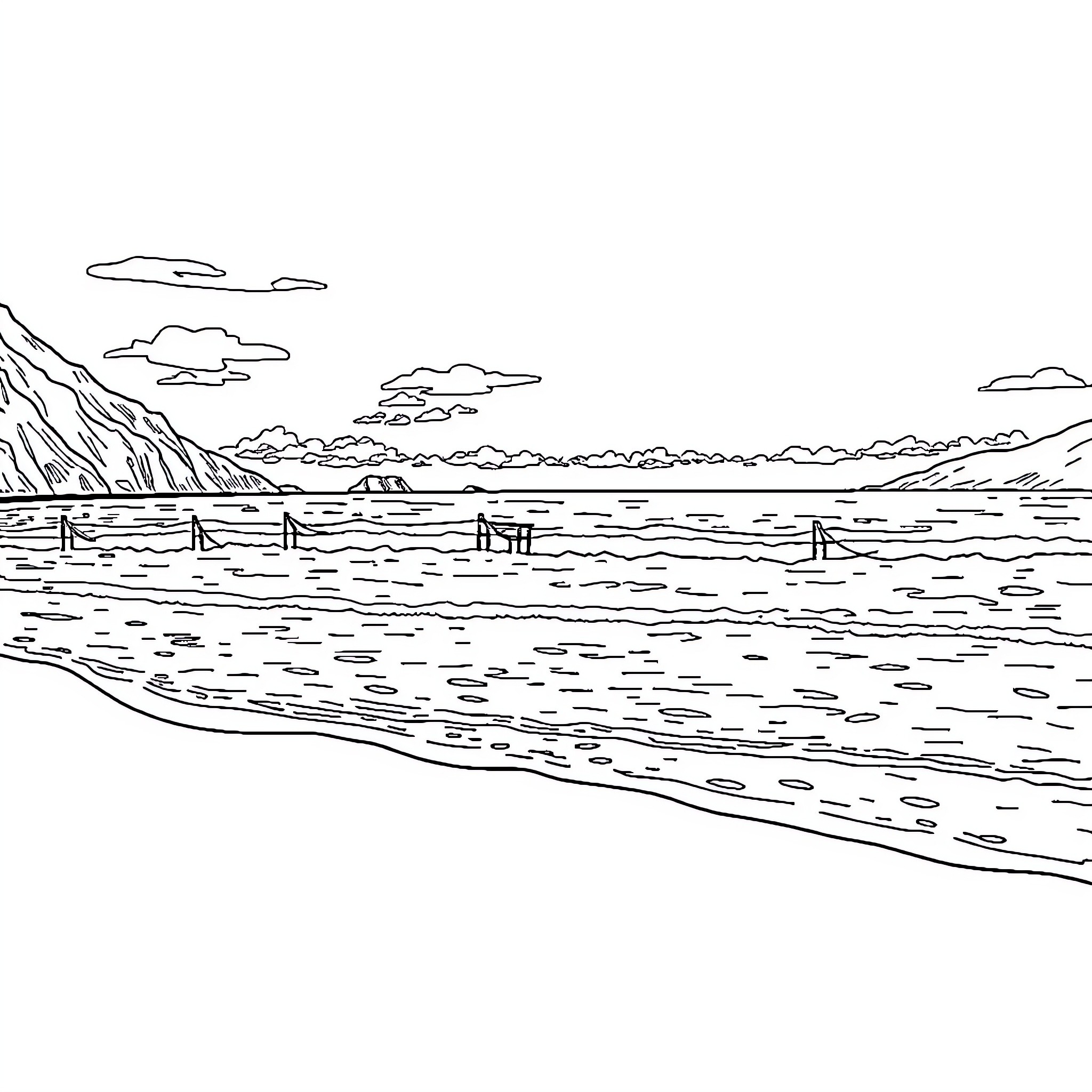 Beach scene with people in the distance Coloring Page (free black-and-white line drawing printable PDF for all, from beginners to advanced learners, including children, teens, adults, and seniors)