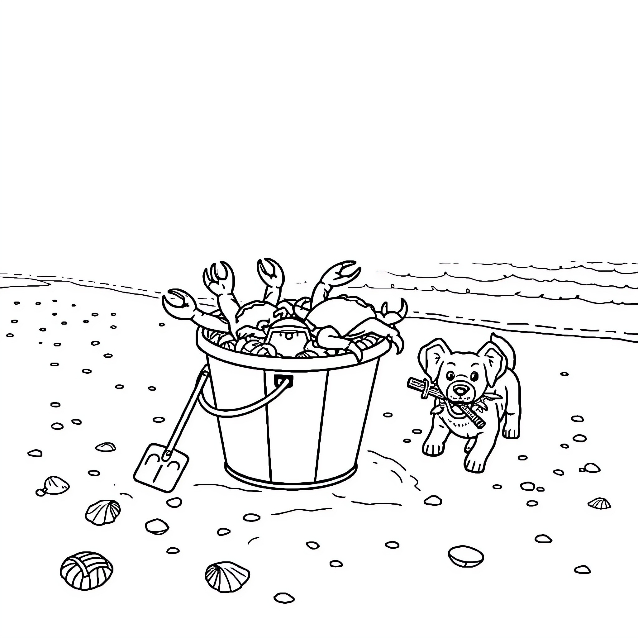 Crab in a bucket with a playful puppy Coloring Page (free black-and-white line drawing printable PDF for all, from beginners to advanced learners, including children, teens, adults, and seniors)