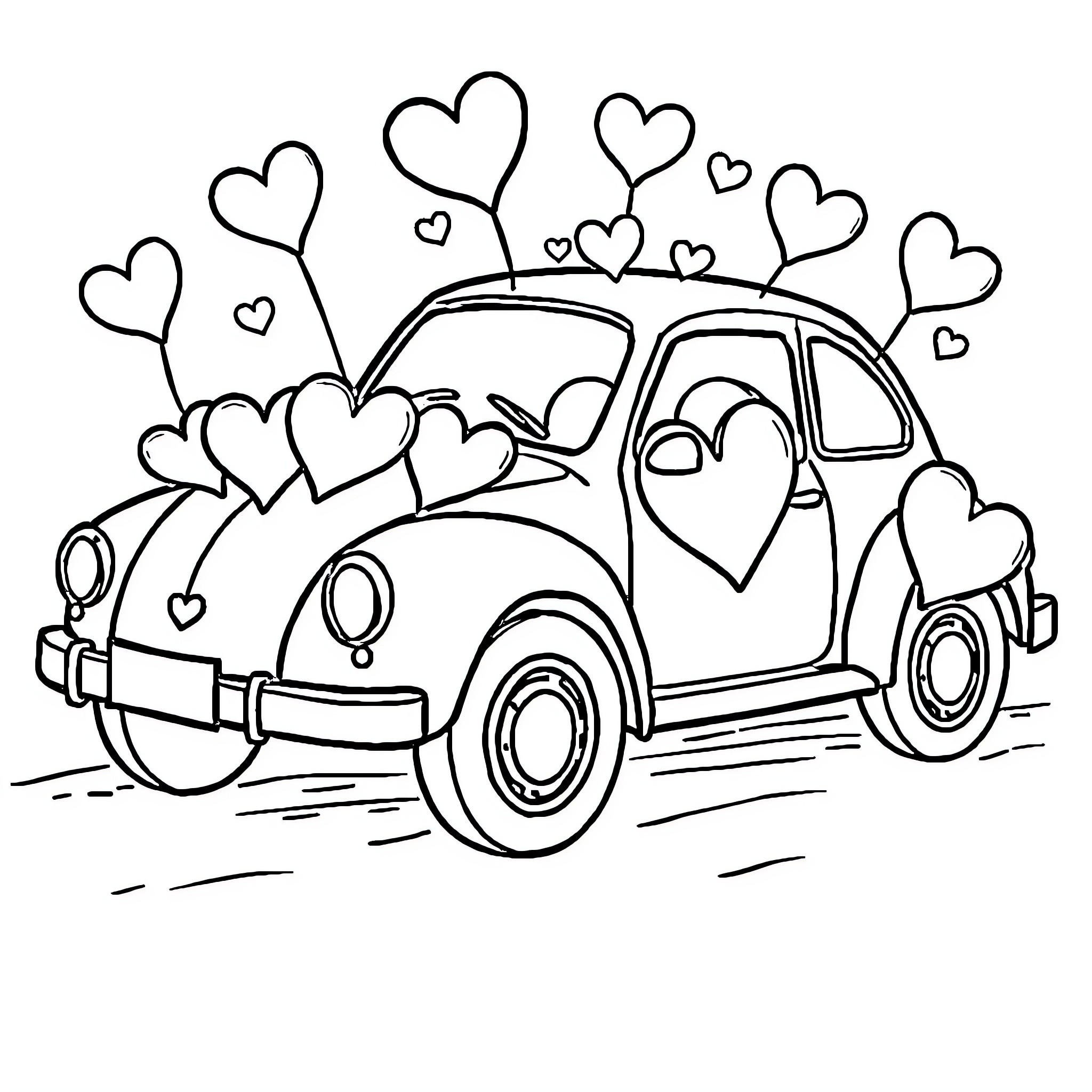 Car decorated with hearts for a romantic drive Coloring Page (free black-and-white line drawing printable PDF for all, from beginners to advanced learners, including children, teens, adults, and seniors)