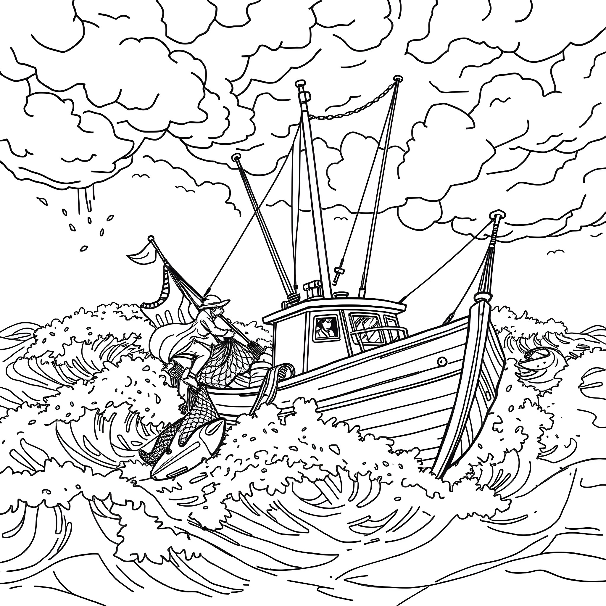 Fishing Boat Battling Stormy Seas Coloring Page (free black-and-white line drawing printable PDF for all, from beginners to advanced learners, including children, teens, adults, and seniors)