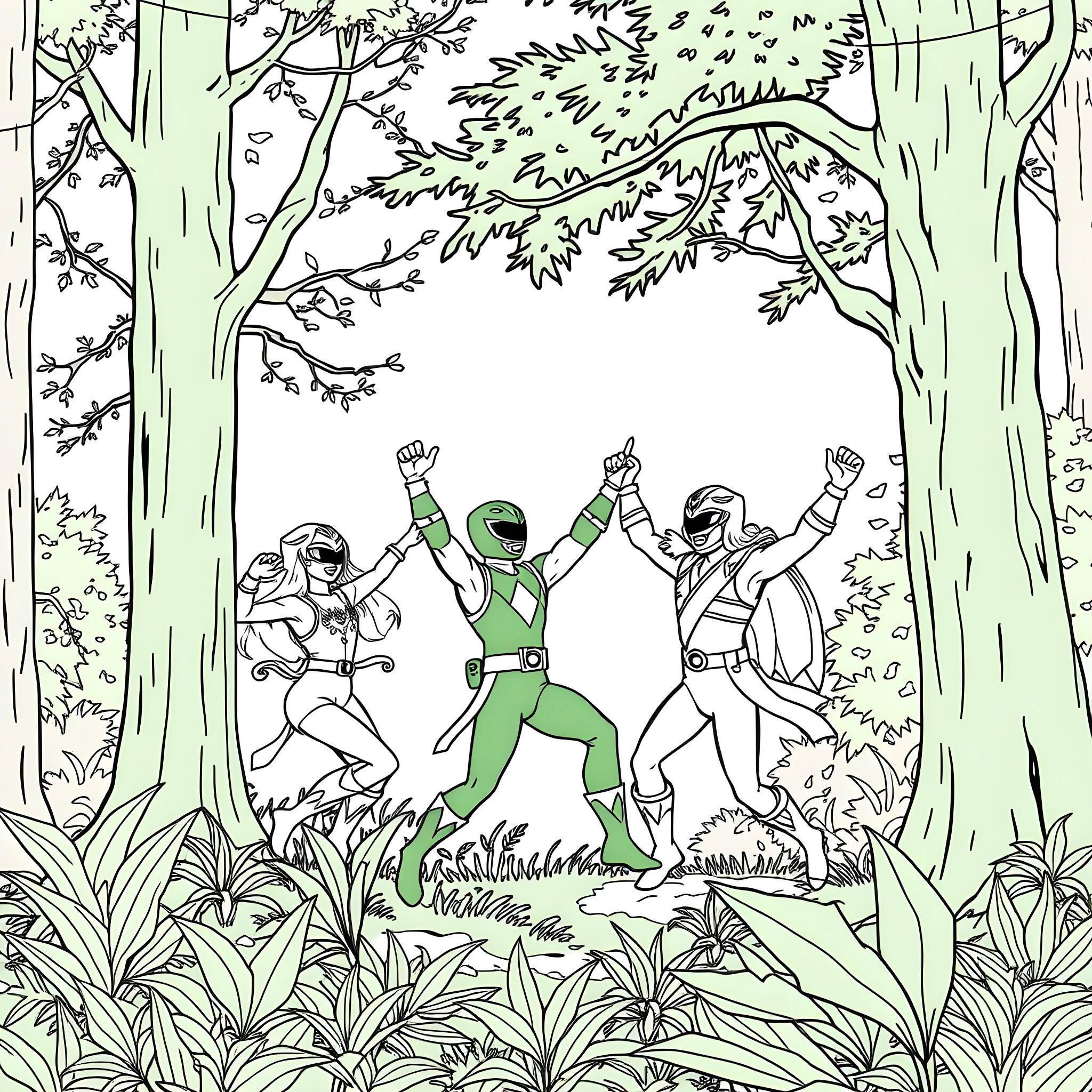 Power Rangers in action through forest scenery Coloring Page (free black-and-white line drawing printable PDF for all, from beginners to advanced learners, including children, teens, adults, and seniors)