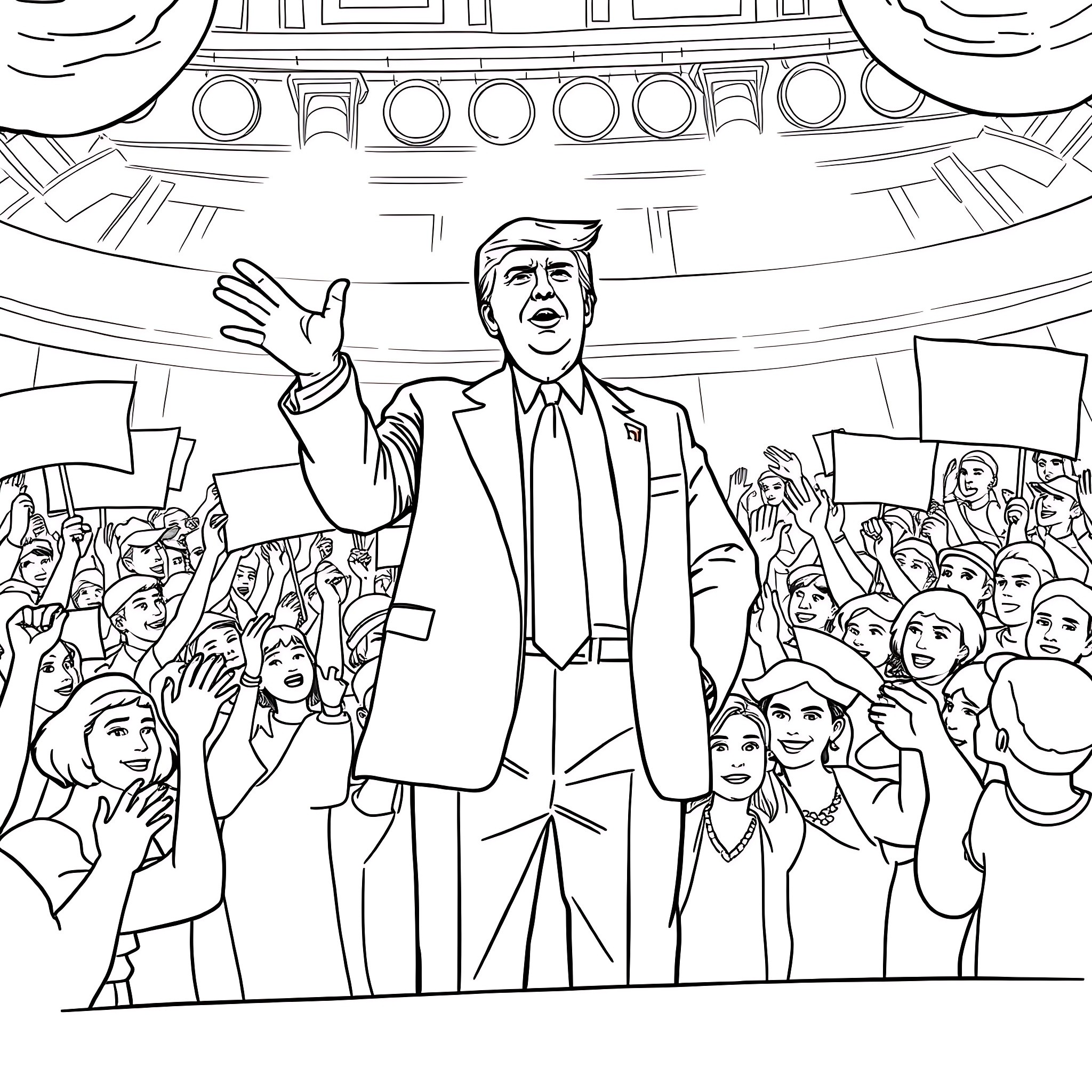 Trump Addressing Adoring Crowd in Capitol Building Coloring Page (free black-and-white line drawing printable PDF for all, from beginners to advanced learners, including children, teens, adults, and seniors)
