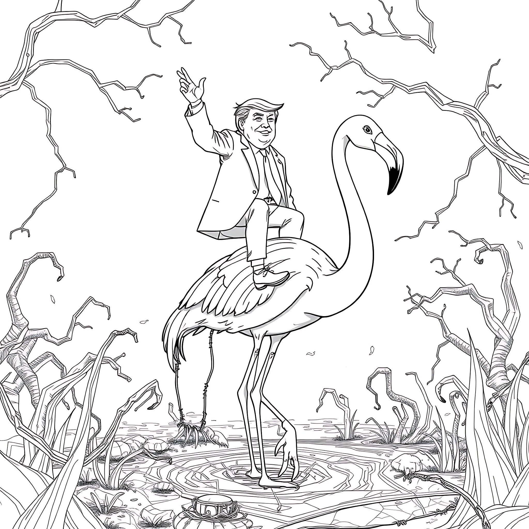Trump riding a flamingo in a surreal, twisted landscape Coloring Page (free black-and-white line drawing printable PDF for all, from beginners to advanced learners, including children, teens, adults, and seniors)