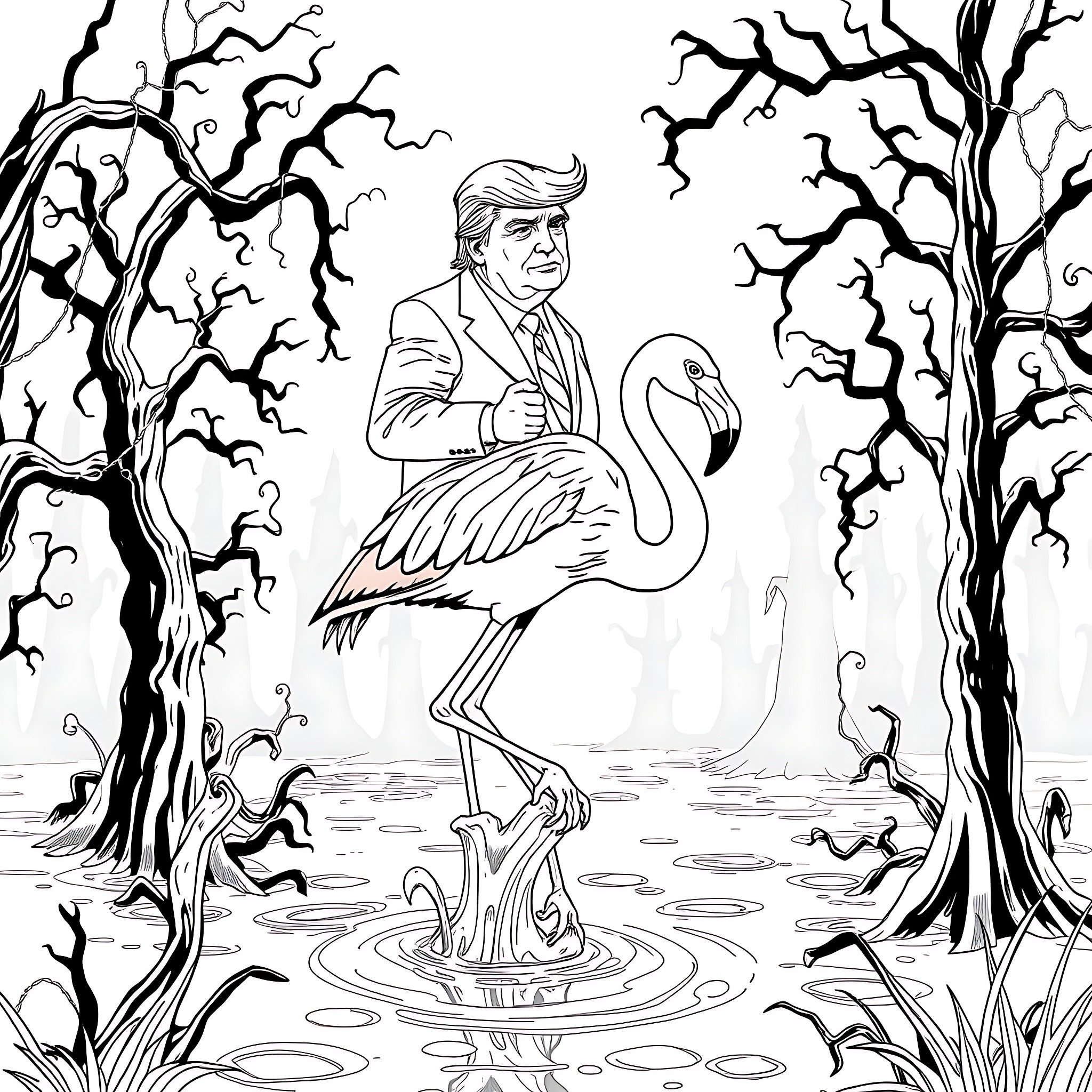 Trump standing with a swan in a spooky forest Coloring Page (free black-and-white line drawing printable PDF for all, from beginners to advanced learners, including children, teens, adults, and seniors)