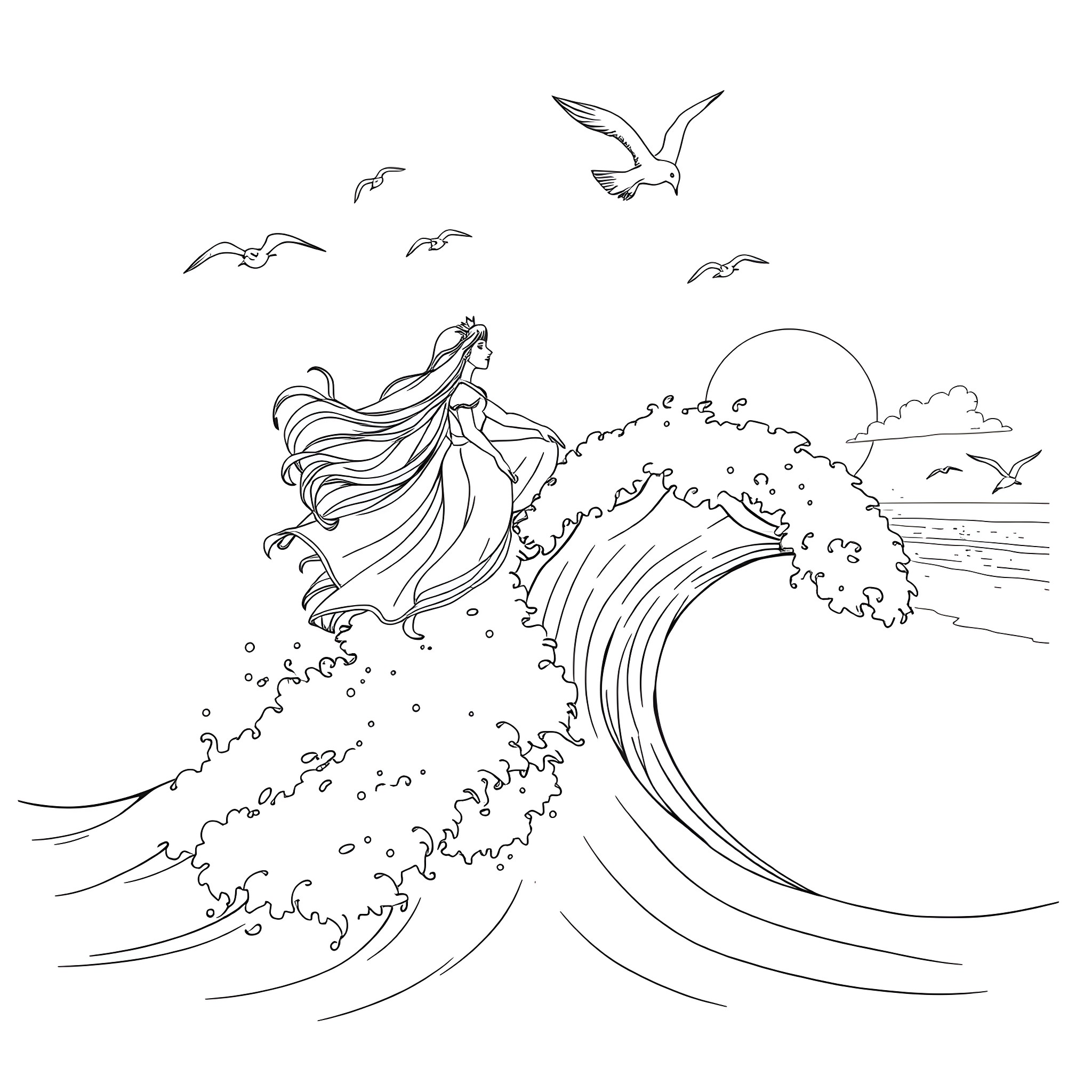 Princess riding the waves with graceful movements Coloring Page (free black-and-white line drawing printable PDF for all, from beginners to advanced learners, including children, teens, adults, and seniors)