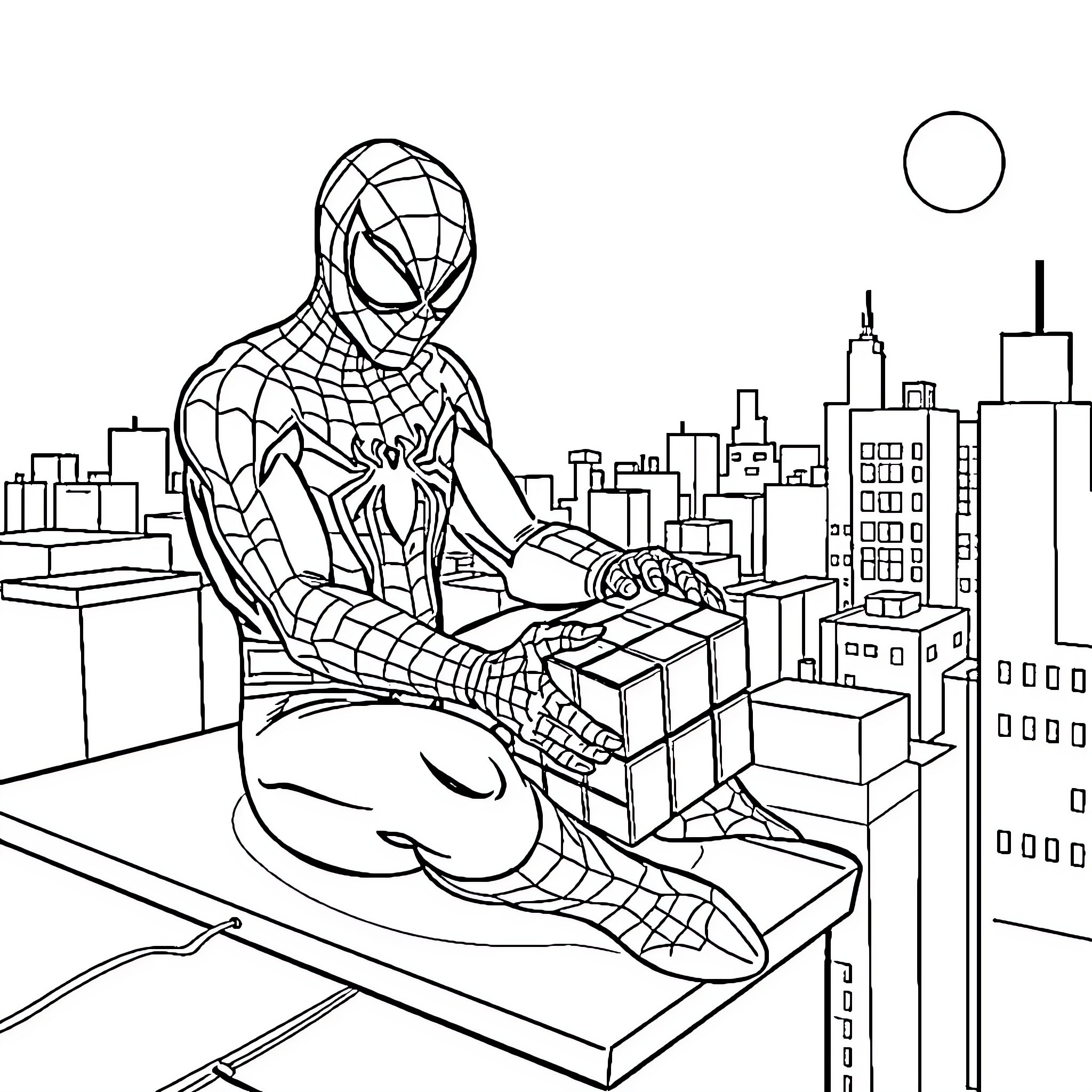 Spiderman sitting on a building with a cityscape Coloring Page (free black-and-white line drawing printable PDF for all, from beginners to advanced learners, including children, teens, adults, and seniors)